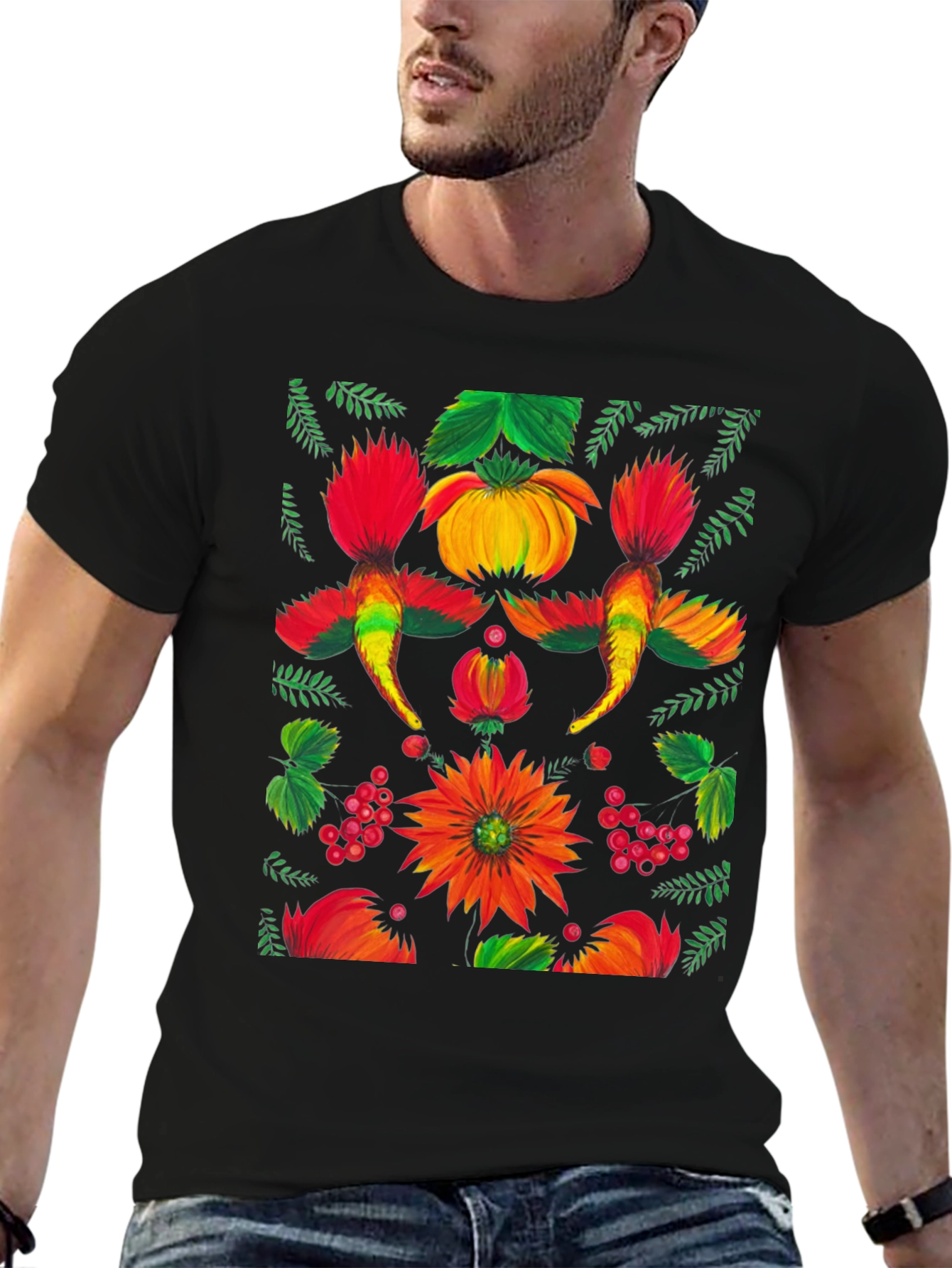 Floral Ukrainian Folk Art Print Black T-Shirt