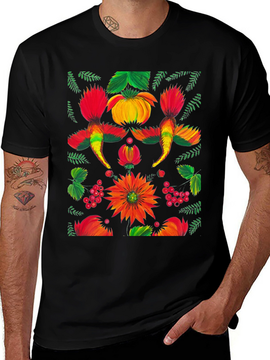 Floral Ukrainian Folk Art Print Black T-Shirt