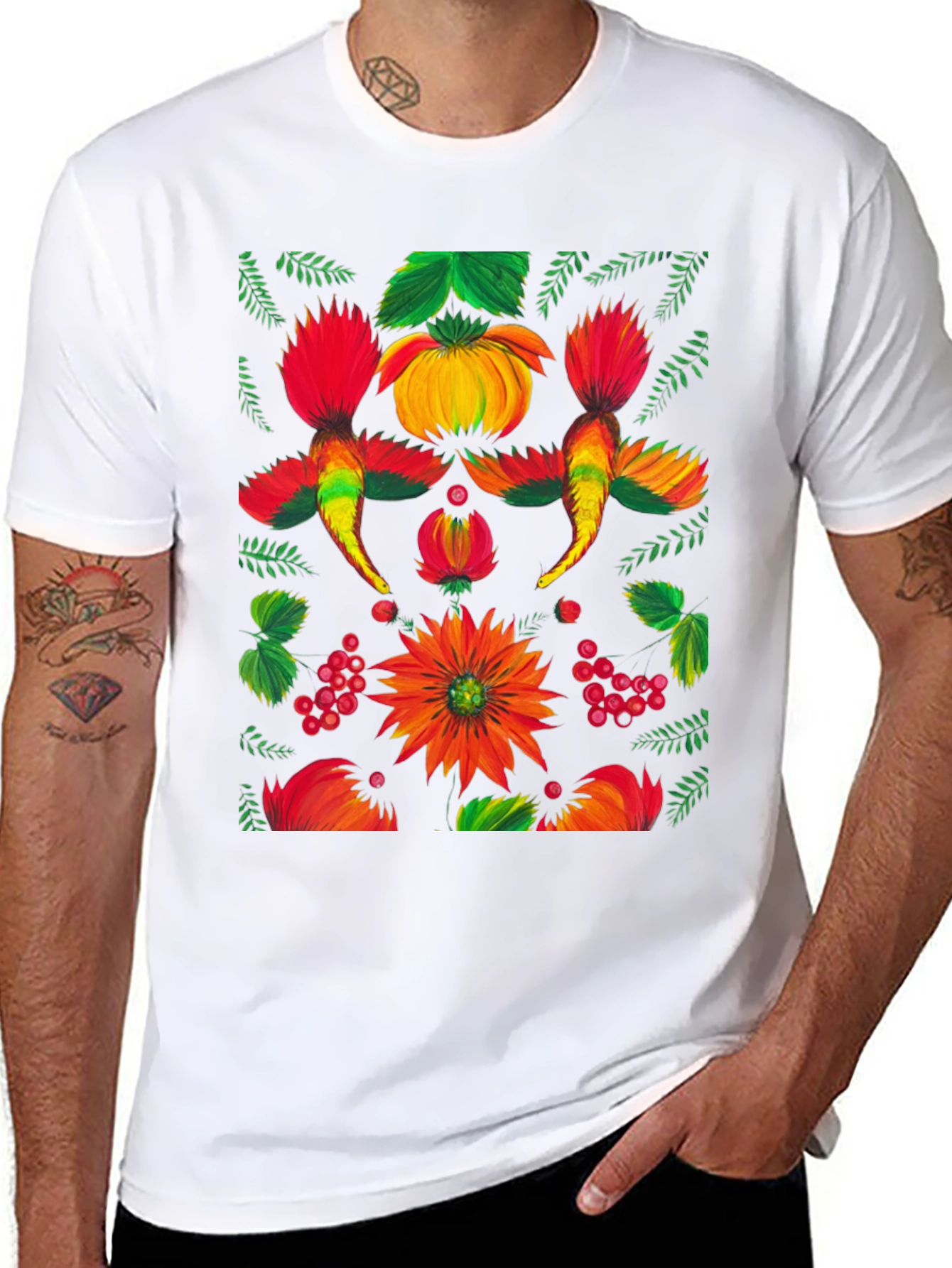 Floral Ukrainian Folk Art Print Black T-Shirt