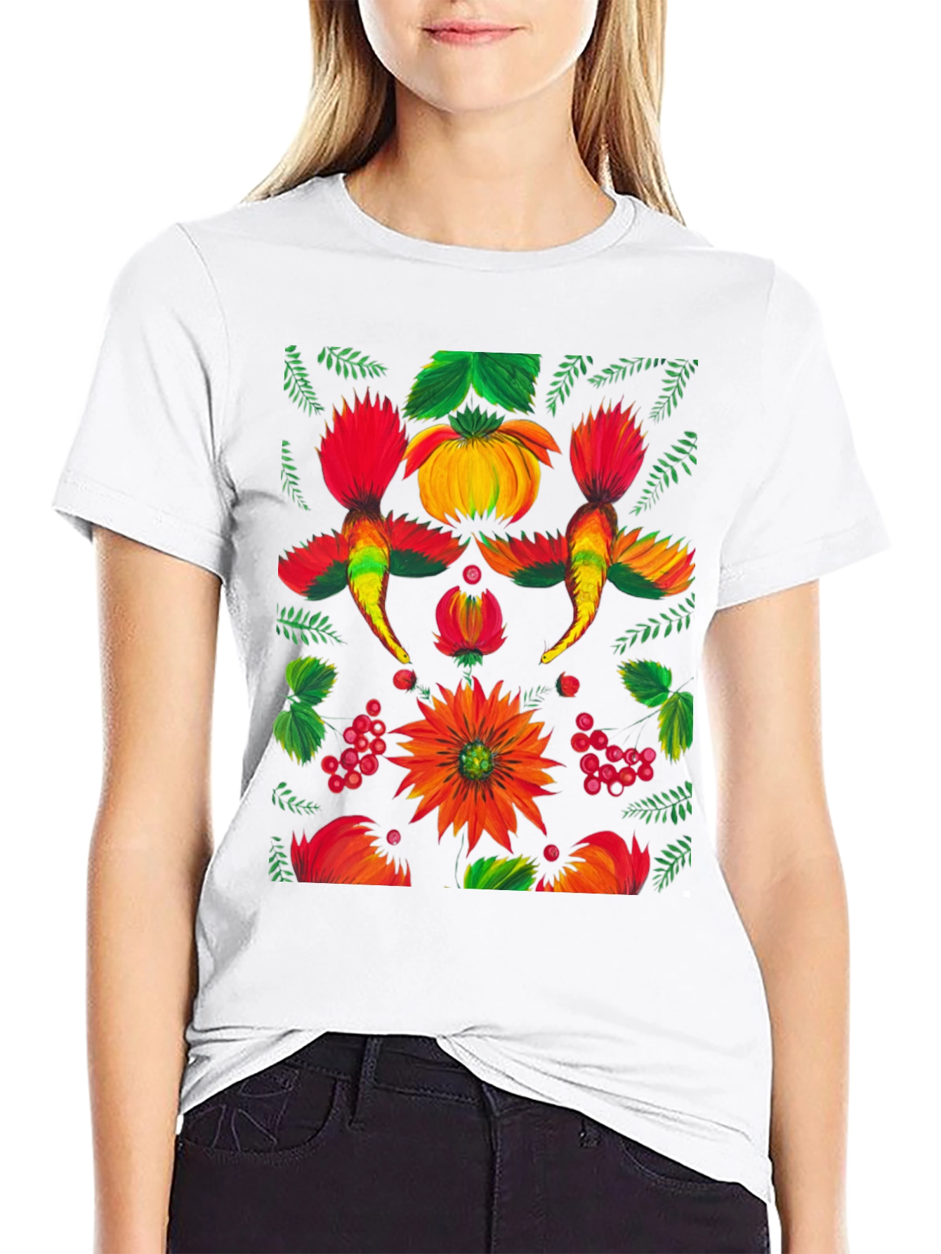Floral Ukrainian Folk Art Print Black T-Shirt