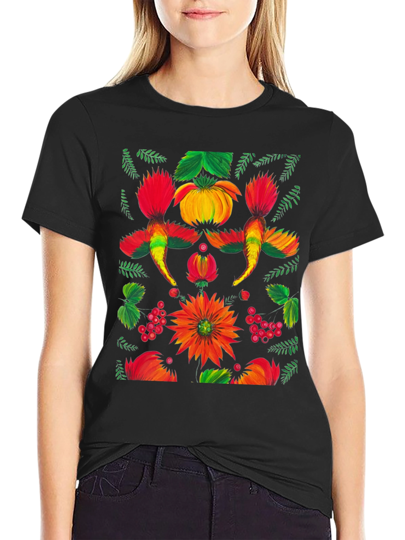 Floral Ukrainian Folk Art Print Black T-Shirt