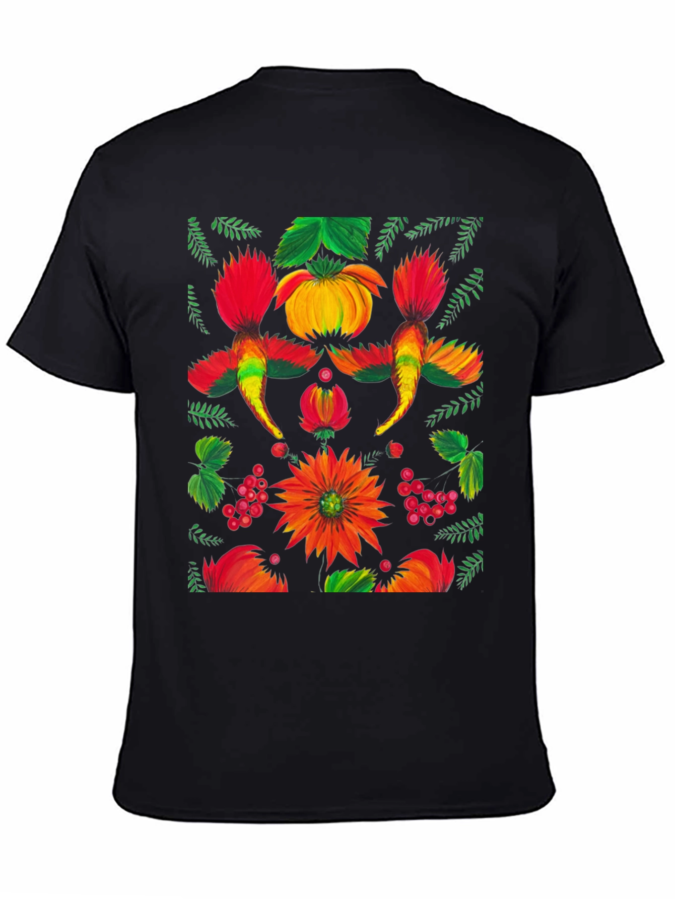 Floral Ukrainian Folk Art Print Black T-Shirt