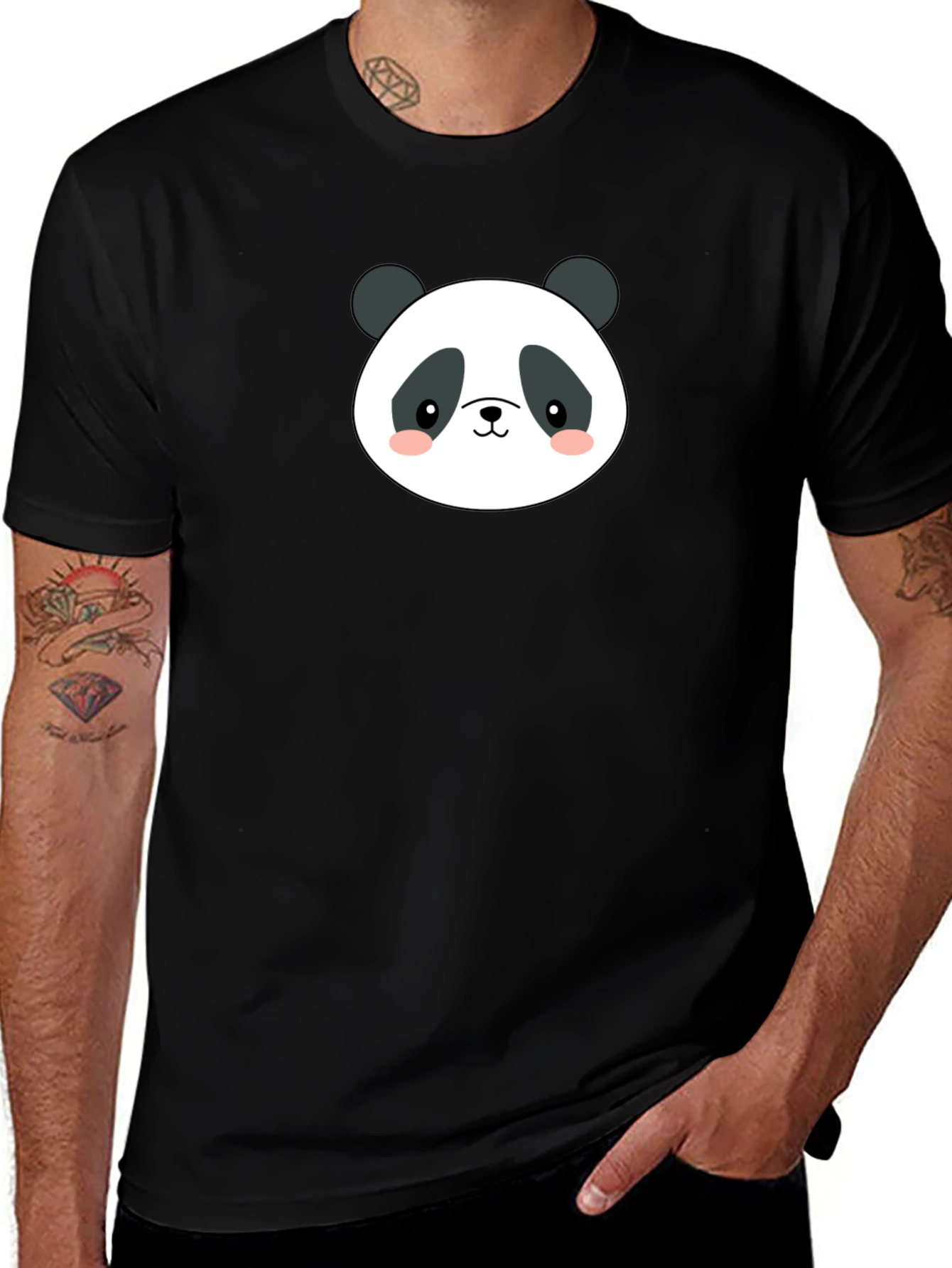 Cute Panda Face Graphic Black T-Shirt