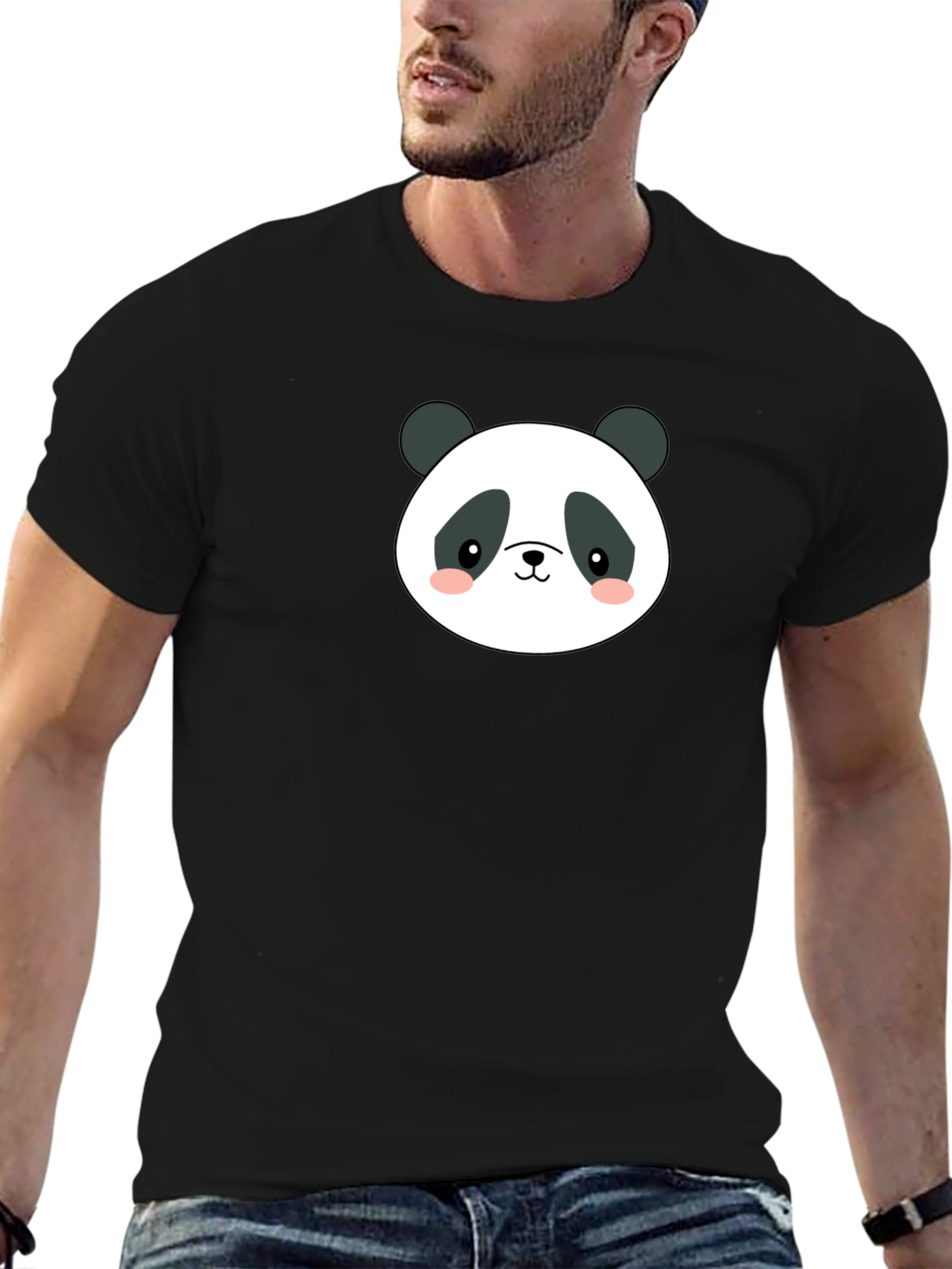 Cute Panda Face Graphic Black T-Shirt