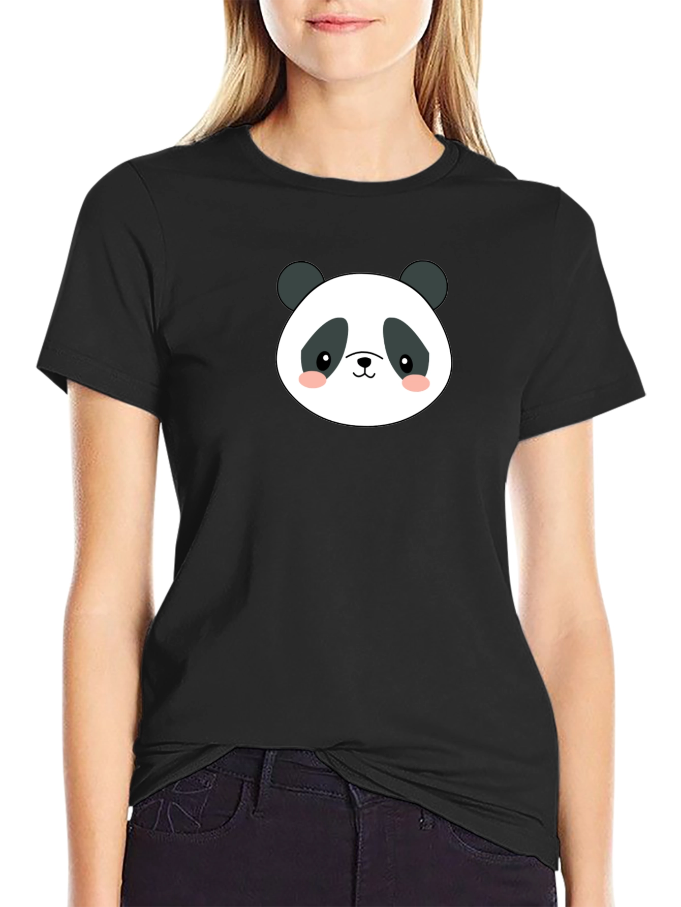 Cute Panda Face Graphic Black T-Shirt