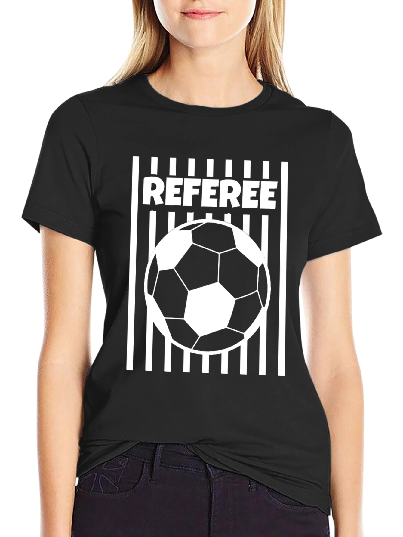 Referee Soccer Ball T-Shirt - Black Crew Neck Tee