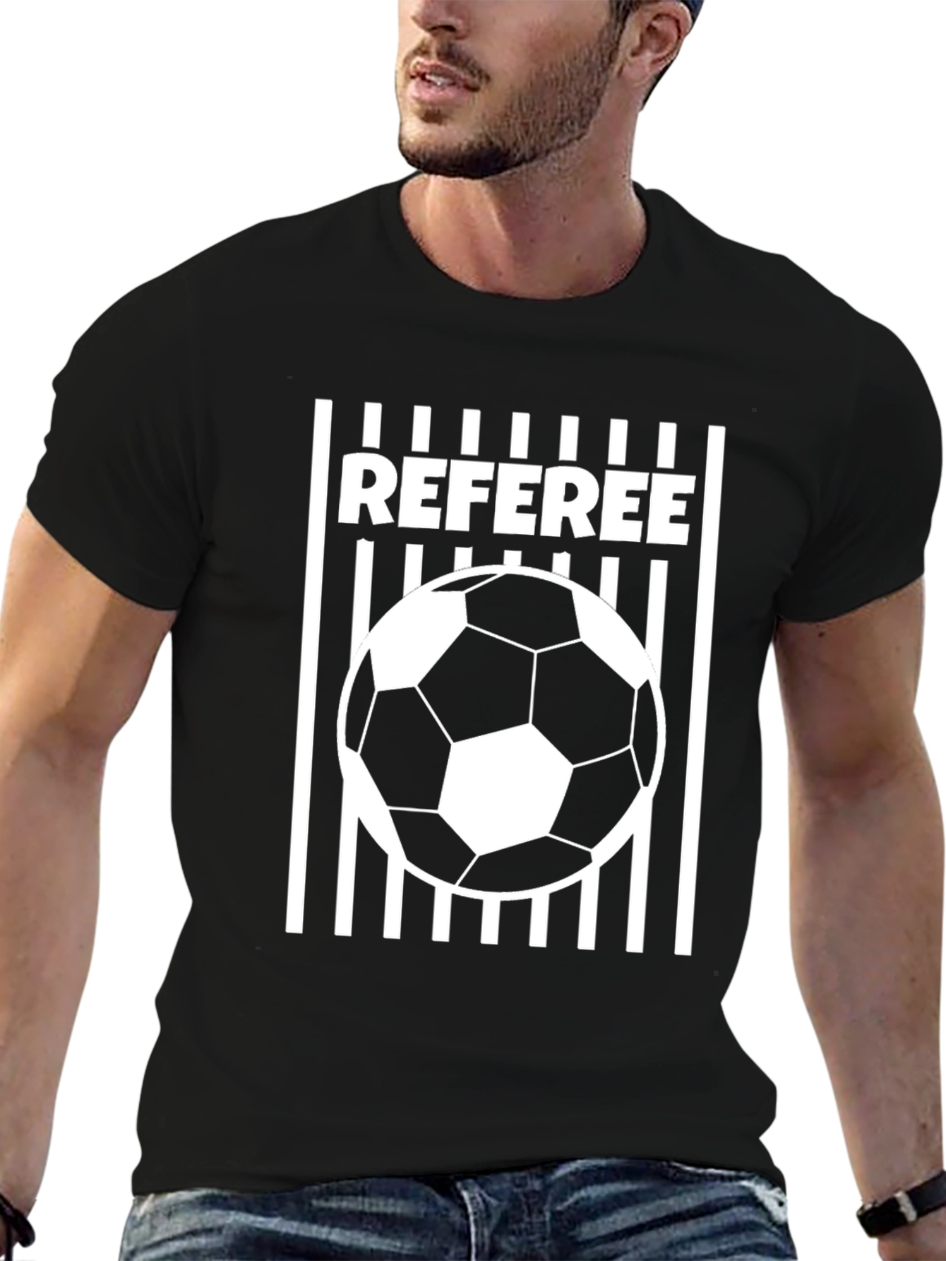 Referee Soccer Ball T-Shirt - Black Crew Neck Tee