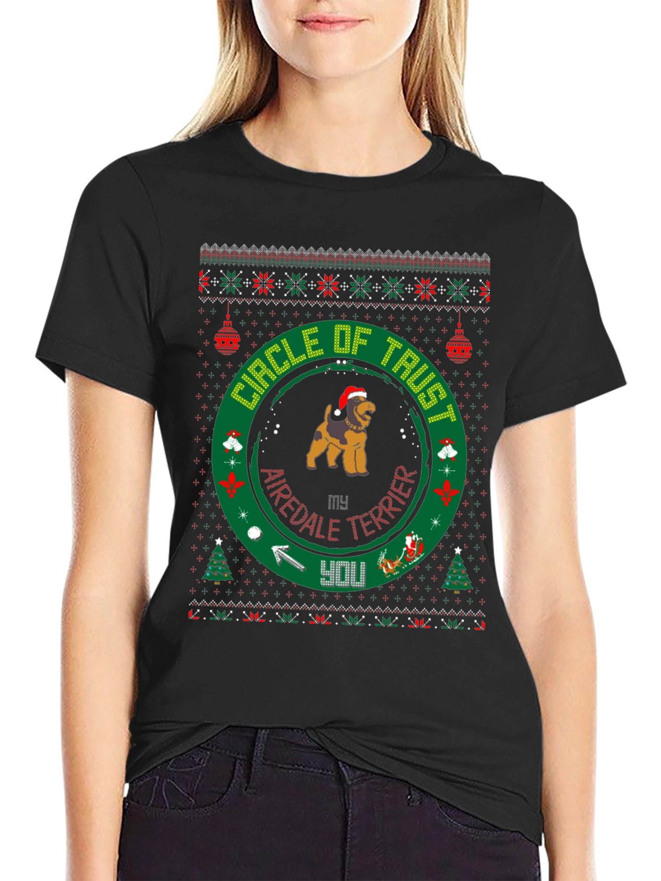 Airedale Terrier Circle of Trust Ugly Christmas T-Shirt