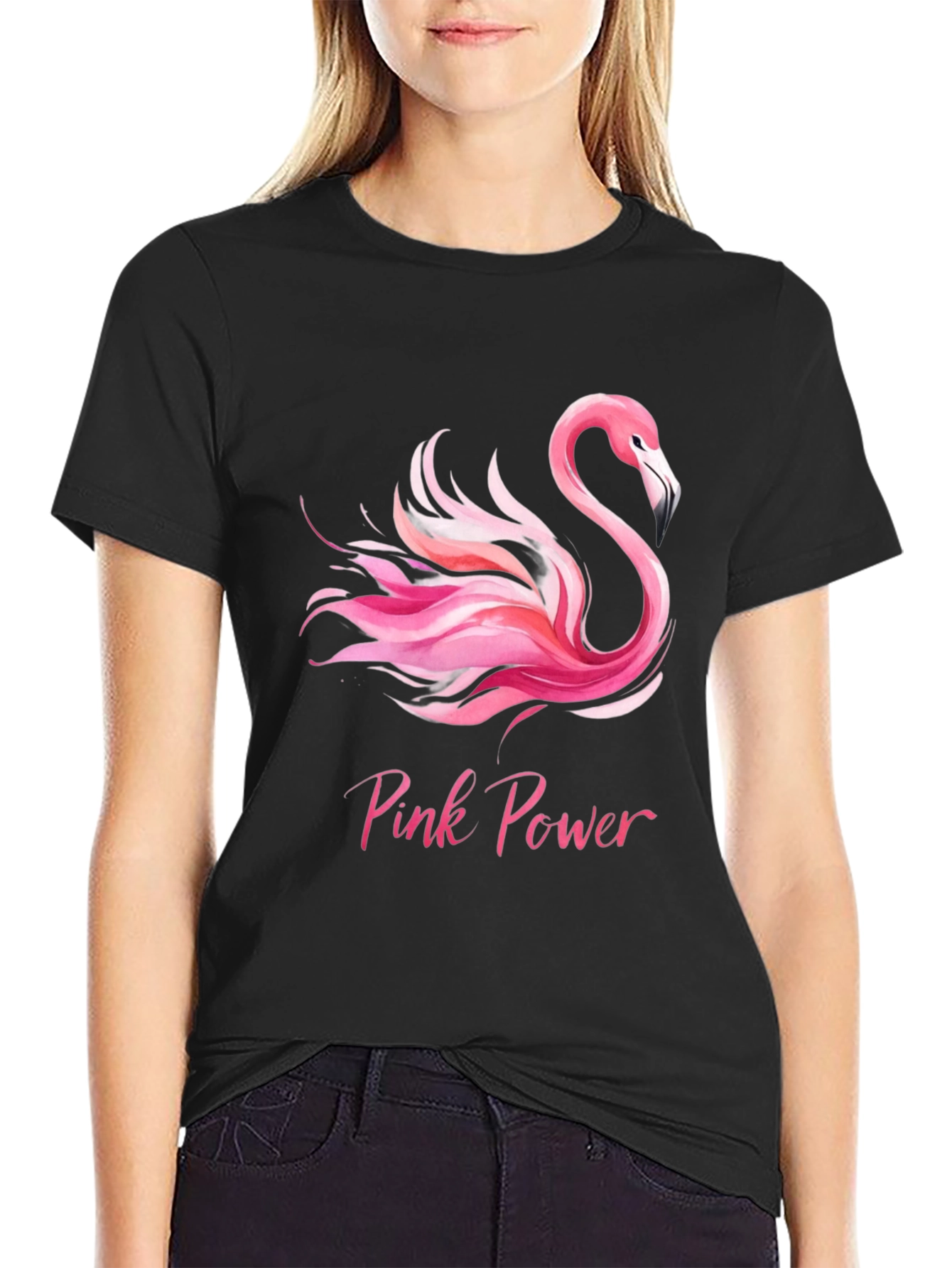 Pink Power Flamingo Graphic Tee - Black