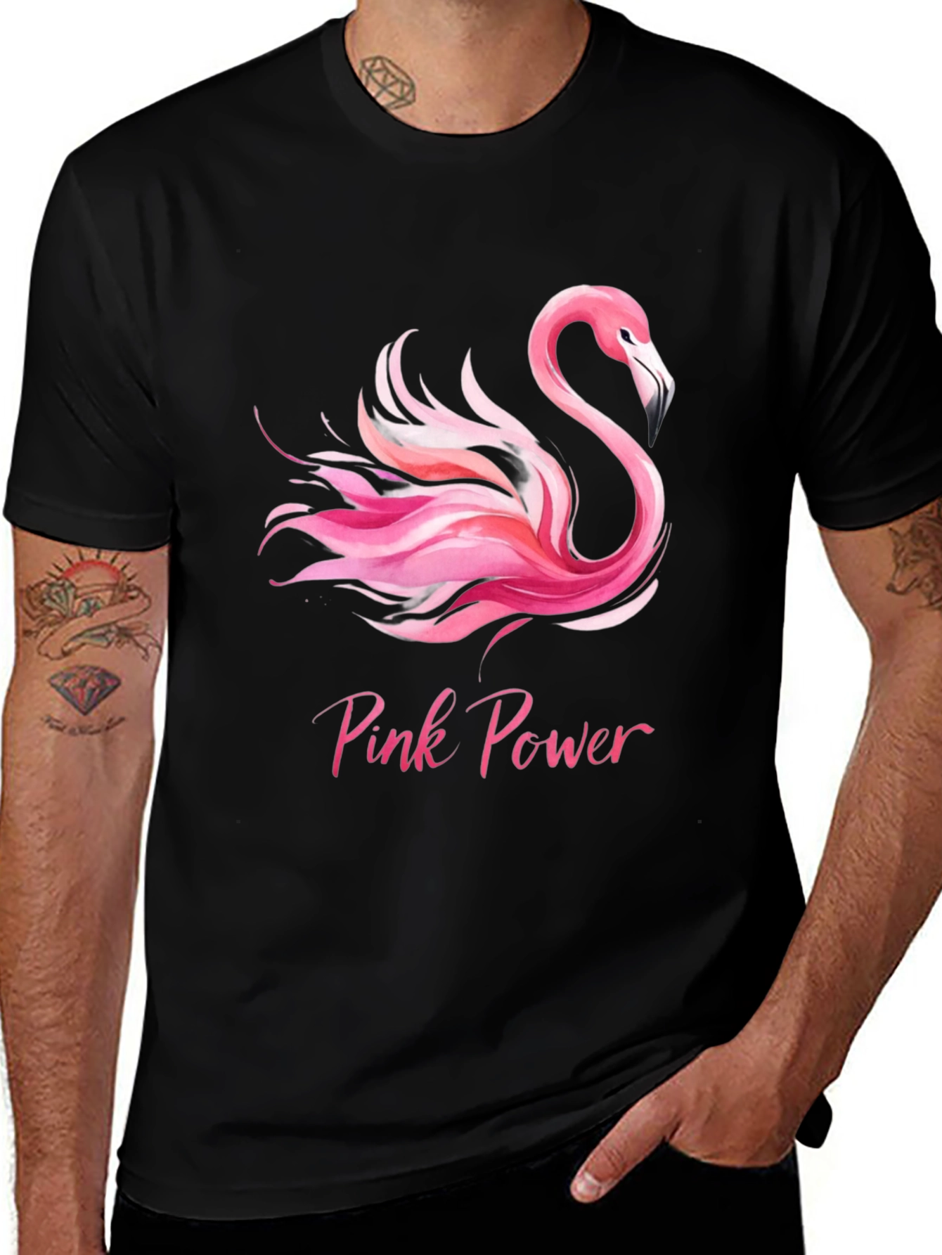 Pink Power Flamingo Graphic Tee - Black