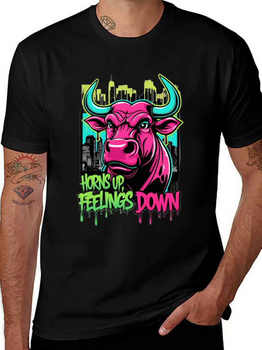 Horns Up Feelings Down Bull Graphic Tee - Black