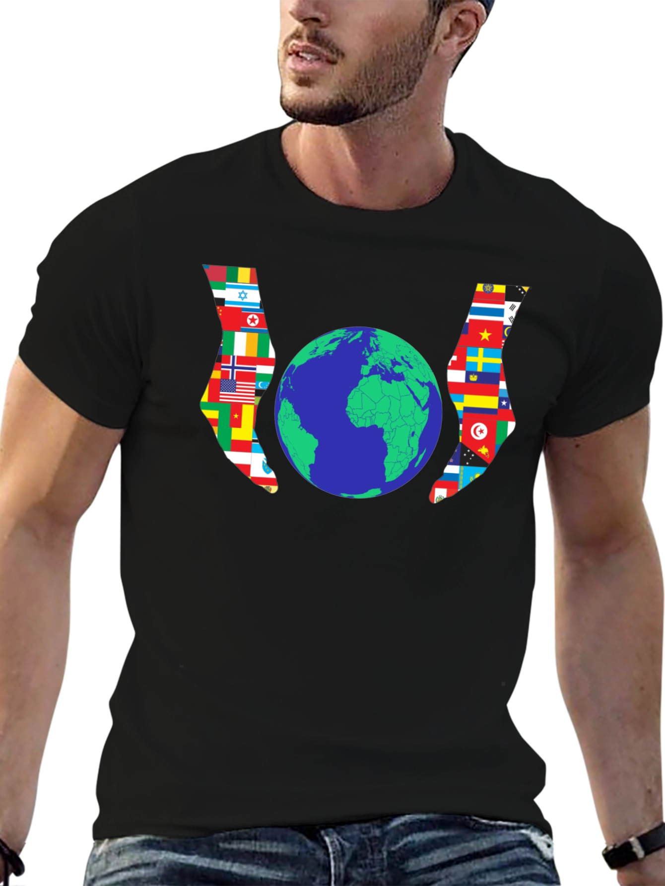 World Flags Earth Graphic Black Tee