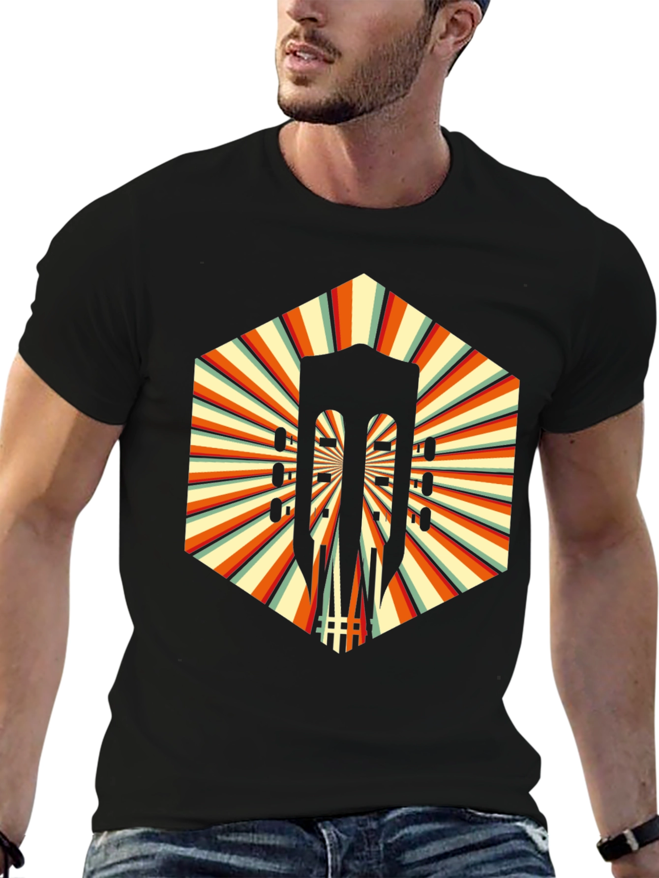 Retro Guitar Graphic T-Shirt - Unique Hexagon Design