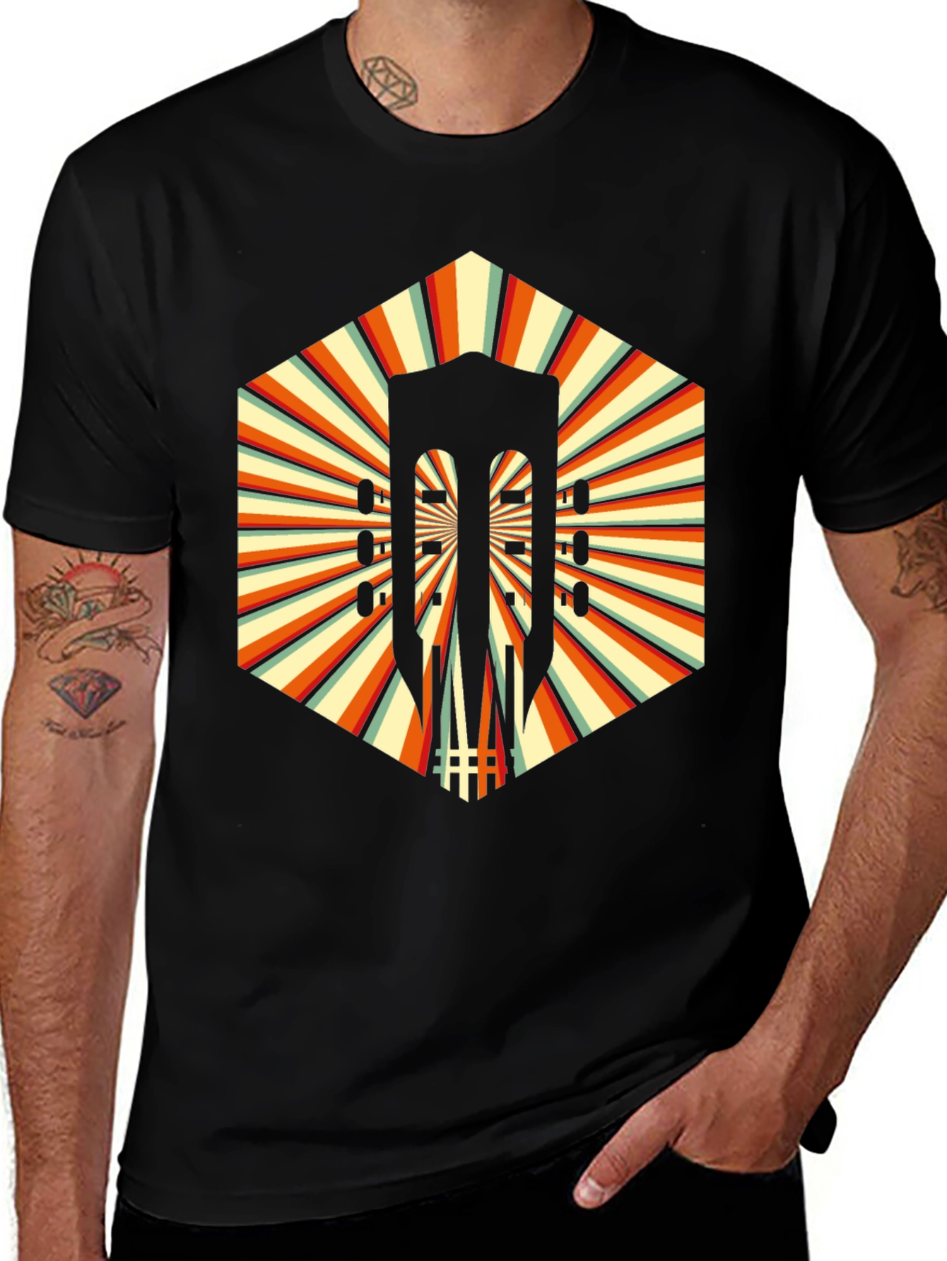Retro Guitar Graphic T-Shirt - Unique Hexagon Design