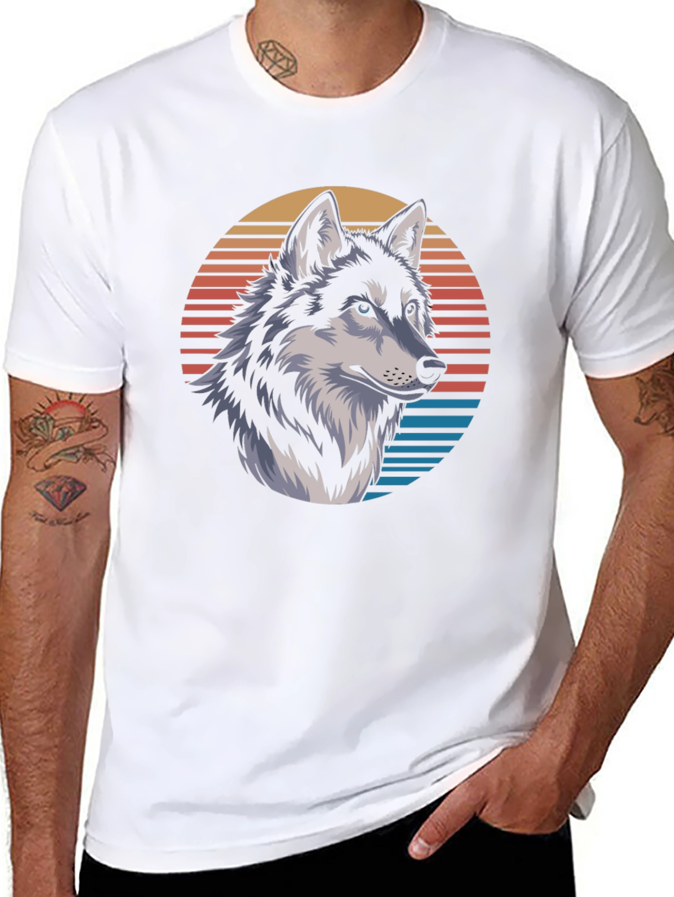 Wolf Graphic Tee - Retro Sunset Design Black T-Shirt
