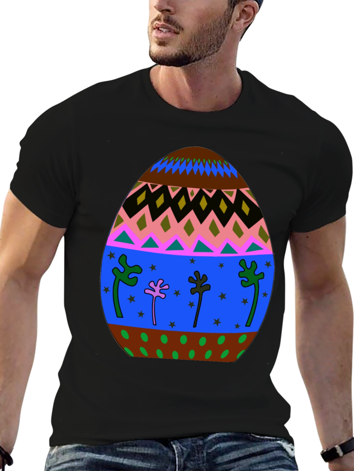 Festive Easter Egg Graphic Tee - Black Cotton