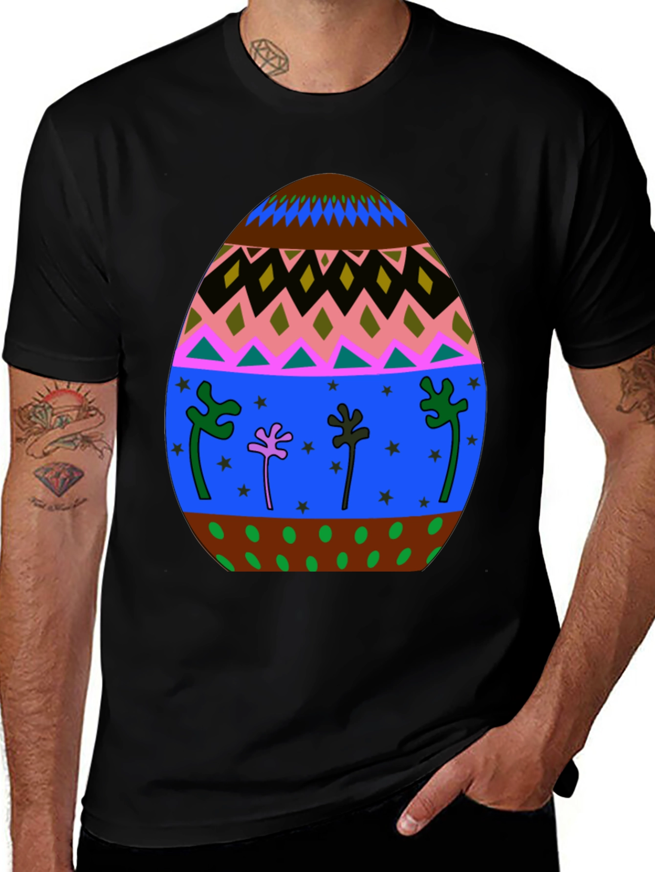 Festive Easter Egg Graphic Tee - Black Cotton