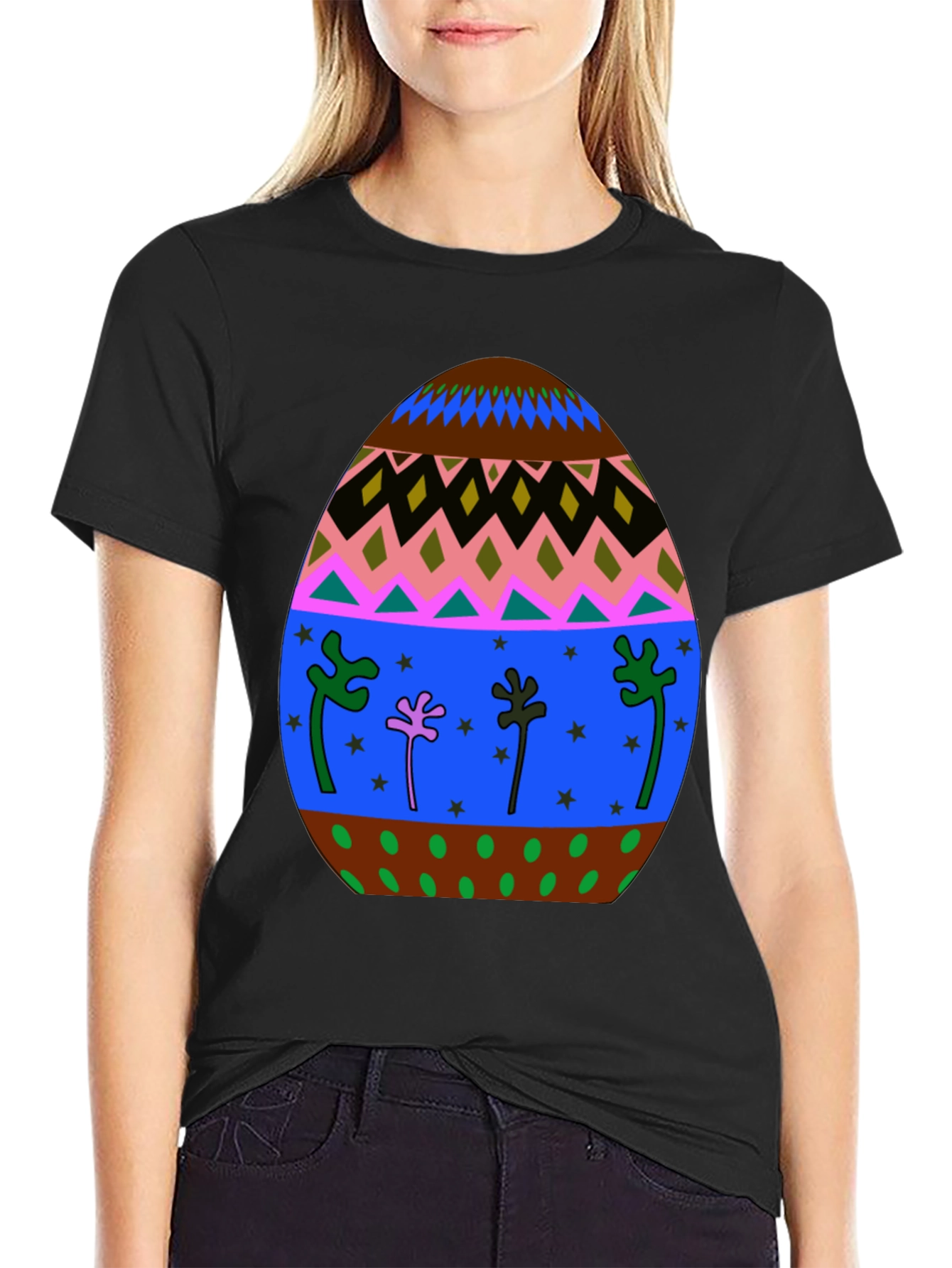 Festive Easter Egg Graphic Tee - Black Cotton