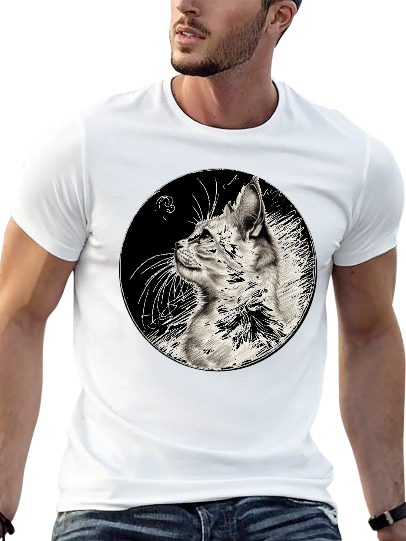 Cat Art Print Black T-Shirt