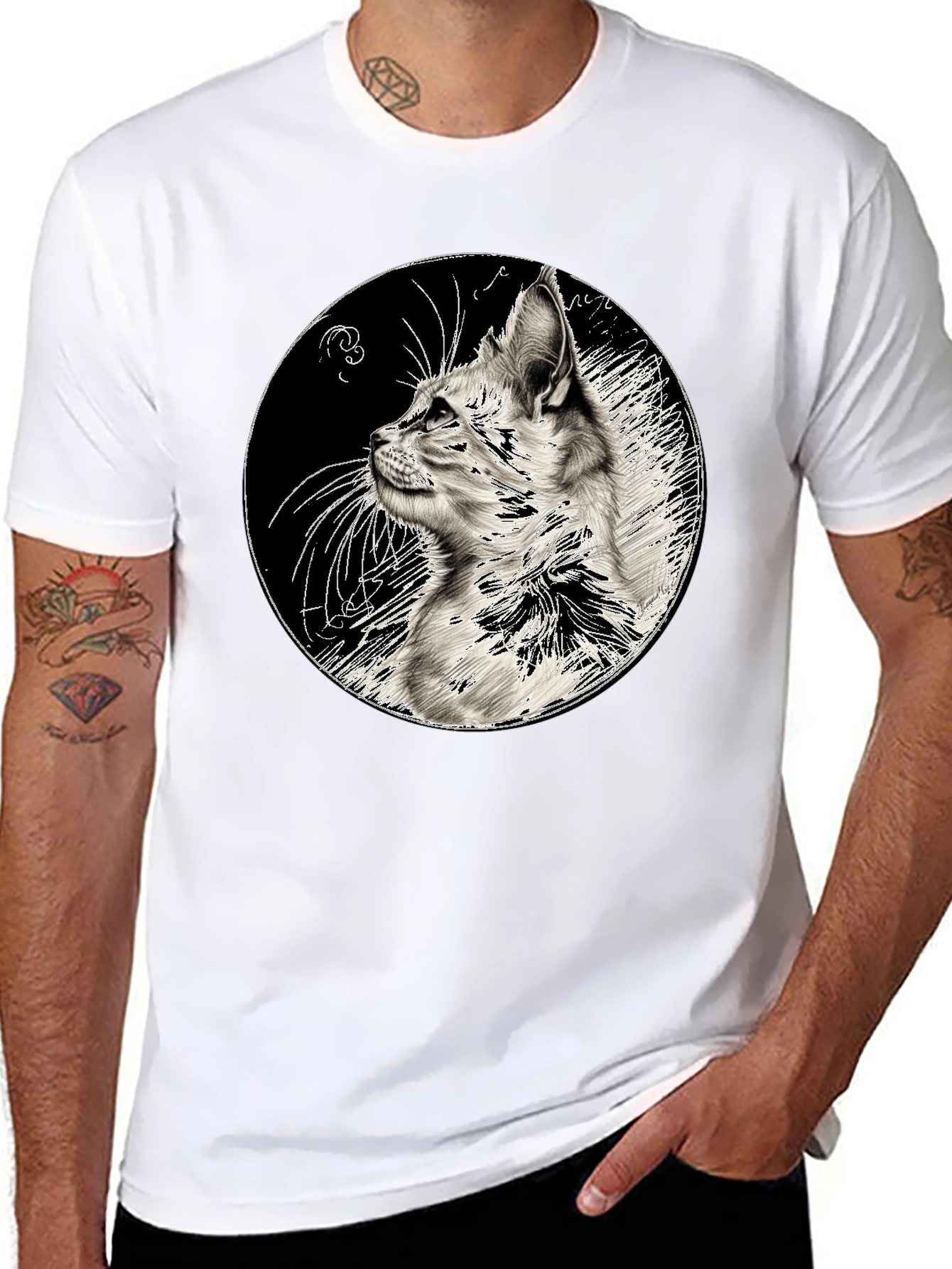 Cat Art Print Black T-Shirt