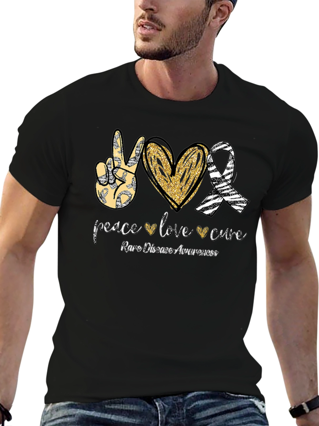 Rare Disease Awareness T-Shirt Peace Love Cure Black
