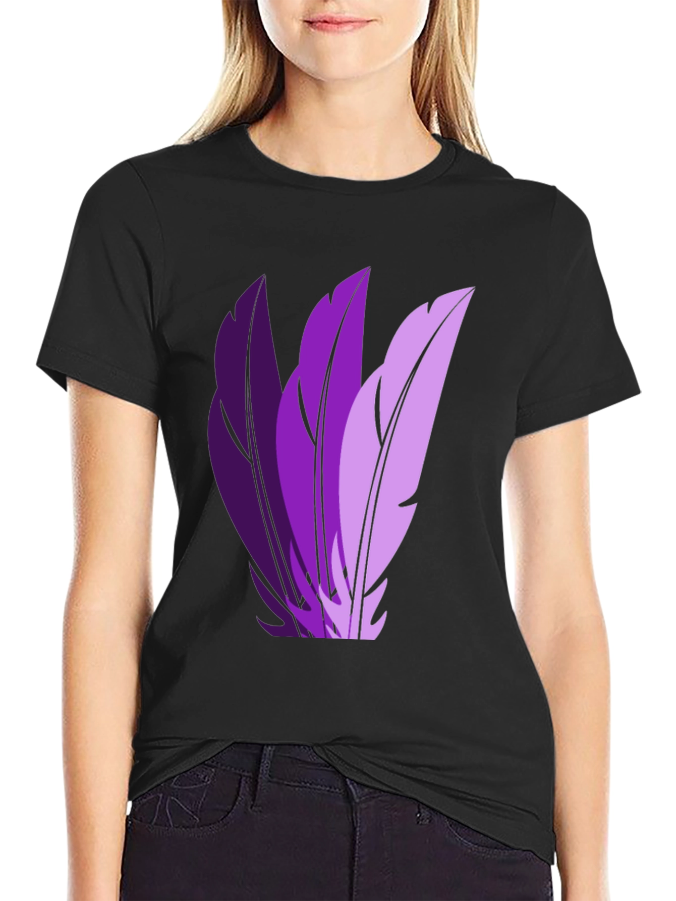 Stylish Black T-Shirt with Purple Feather Design