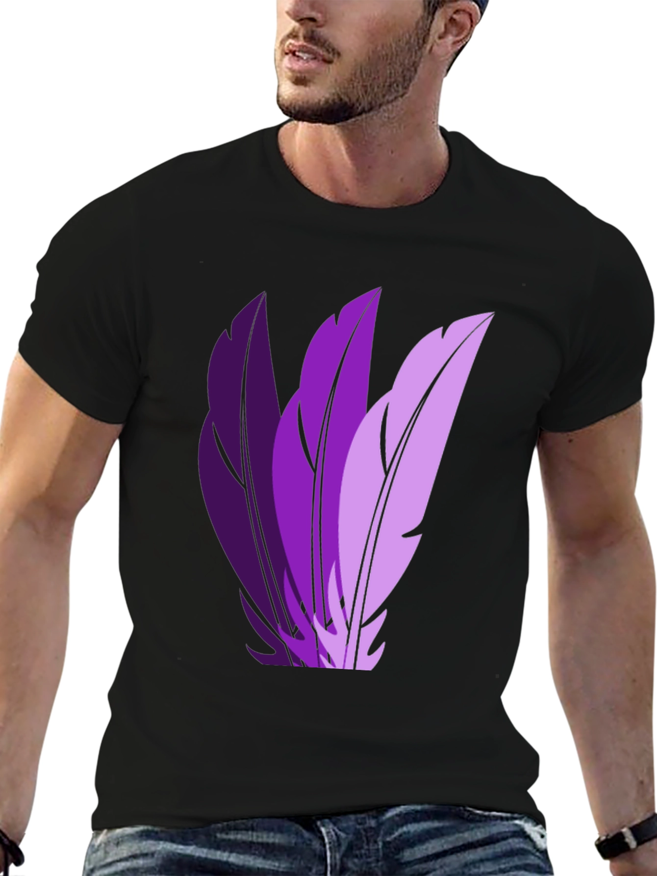 Stylish Black T-Shirt with Purple Feather Design