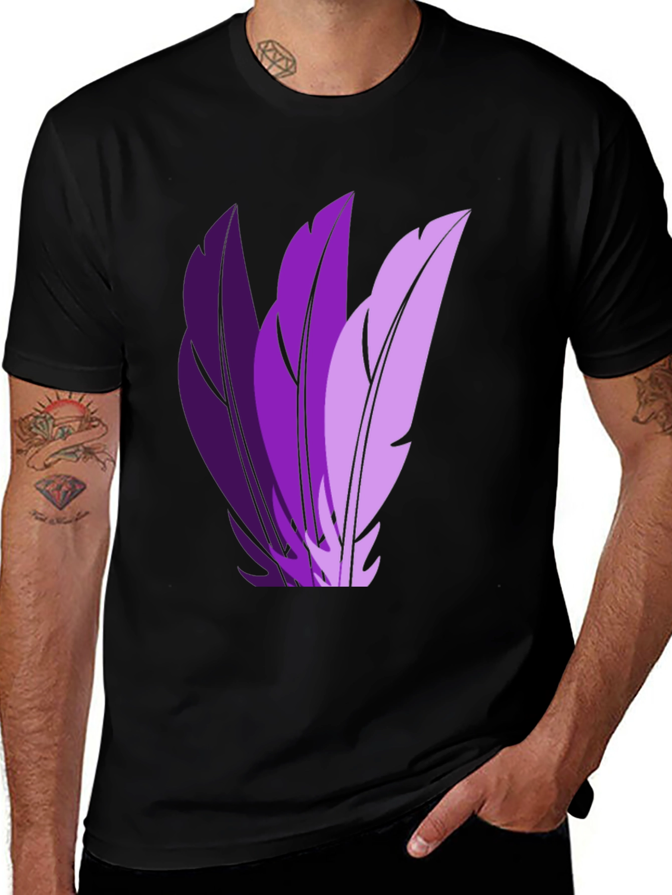 Stylish Black T-Shirt with Purple Feather Design