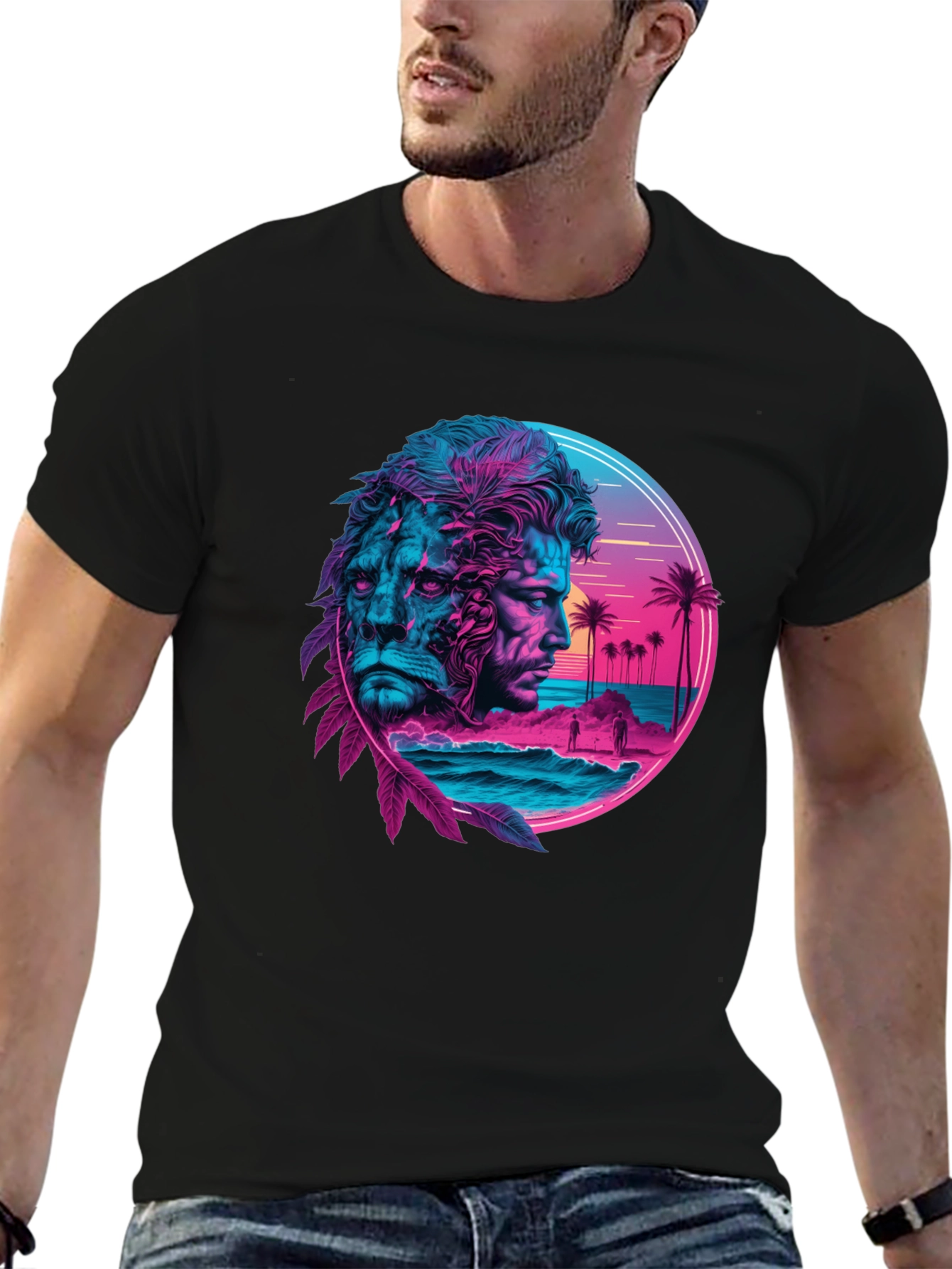 Neon Lion Man Graphic Black T-Shirt