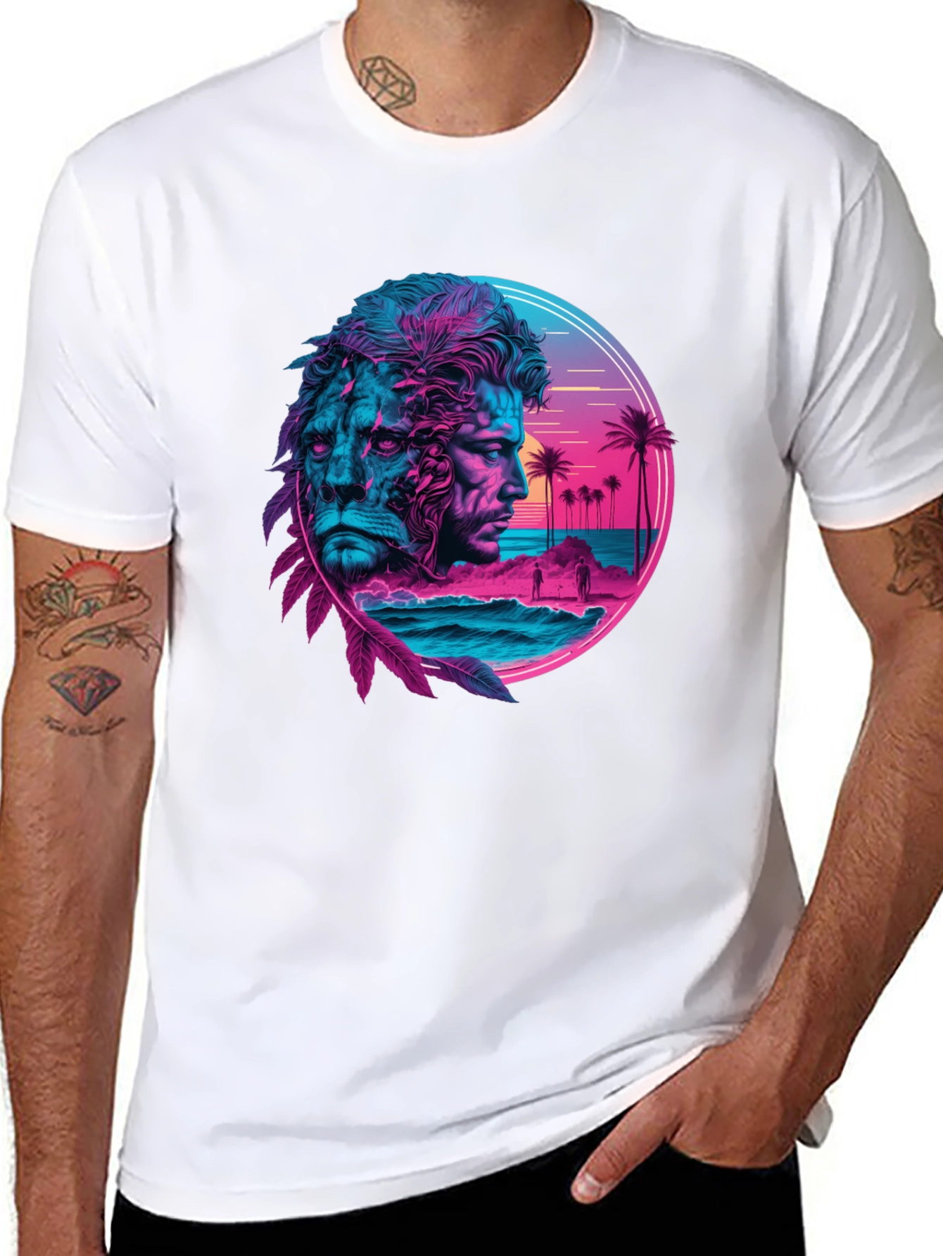 Neon Lion Man Graphic Black T-Shirt
