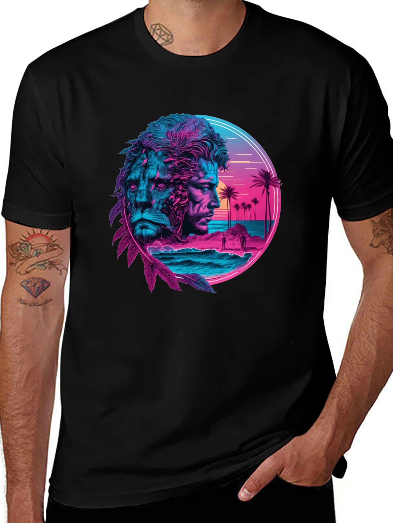 Neon Lion Man Graphic Black T-Shirt