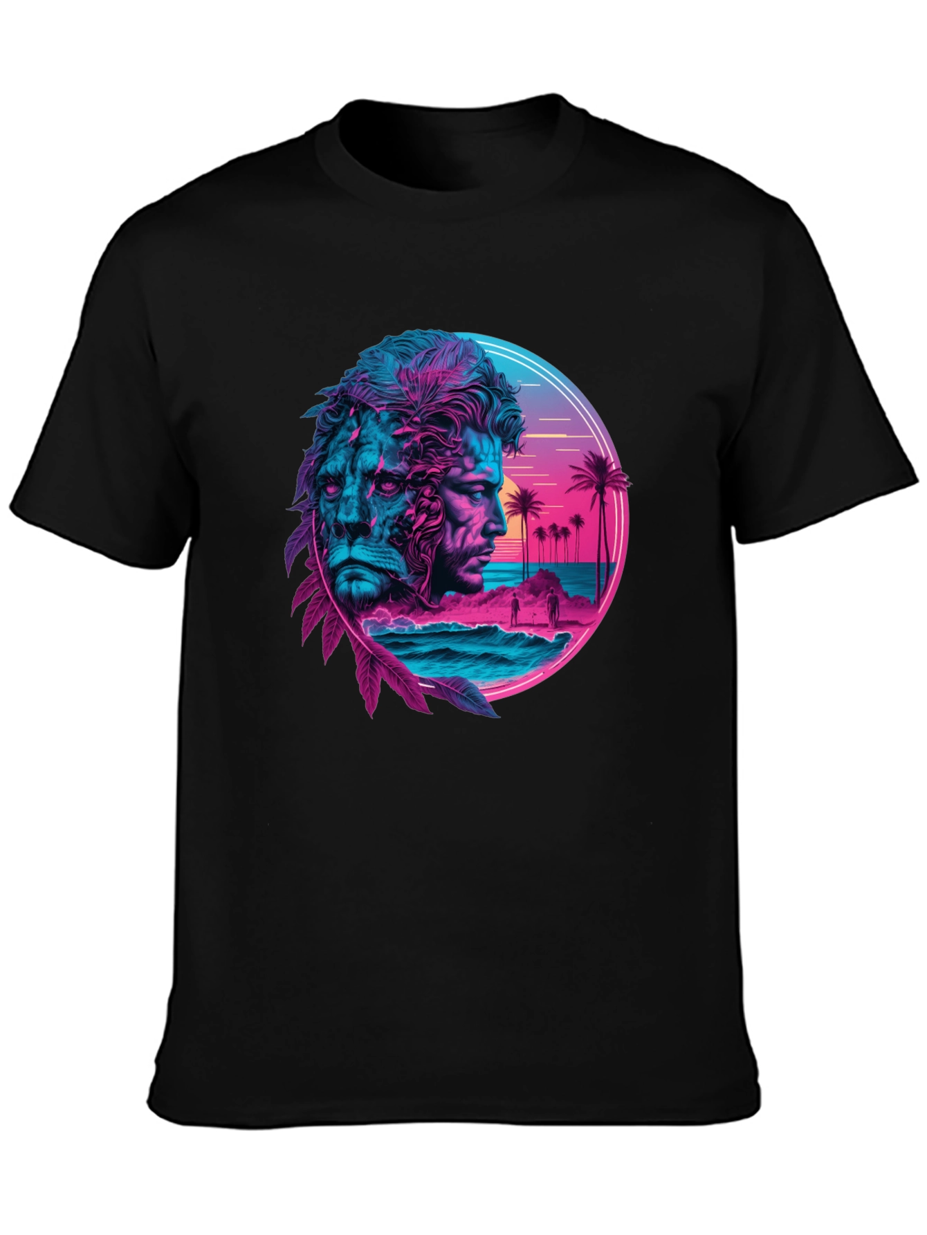 Neon Lion Man Graphic Black T-Shirt