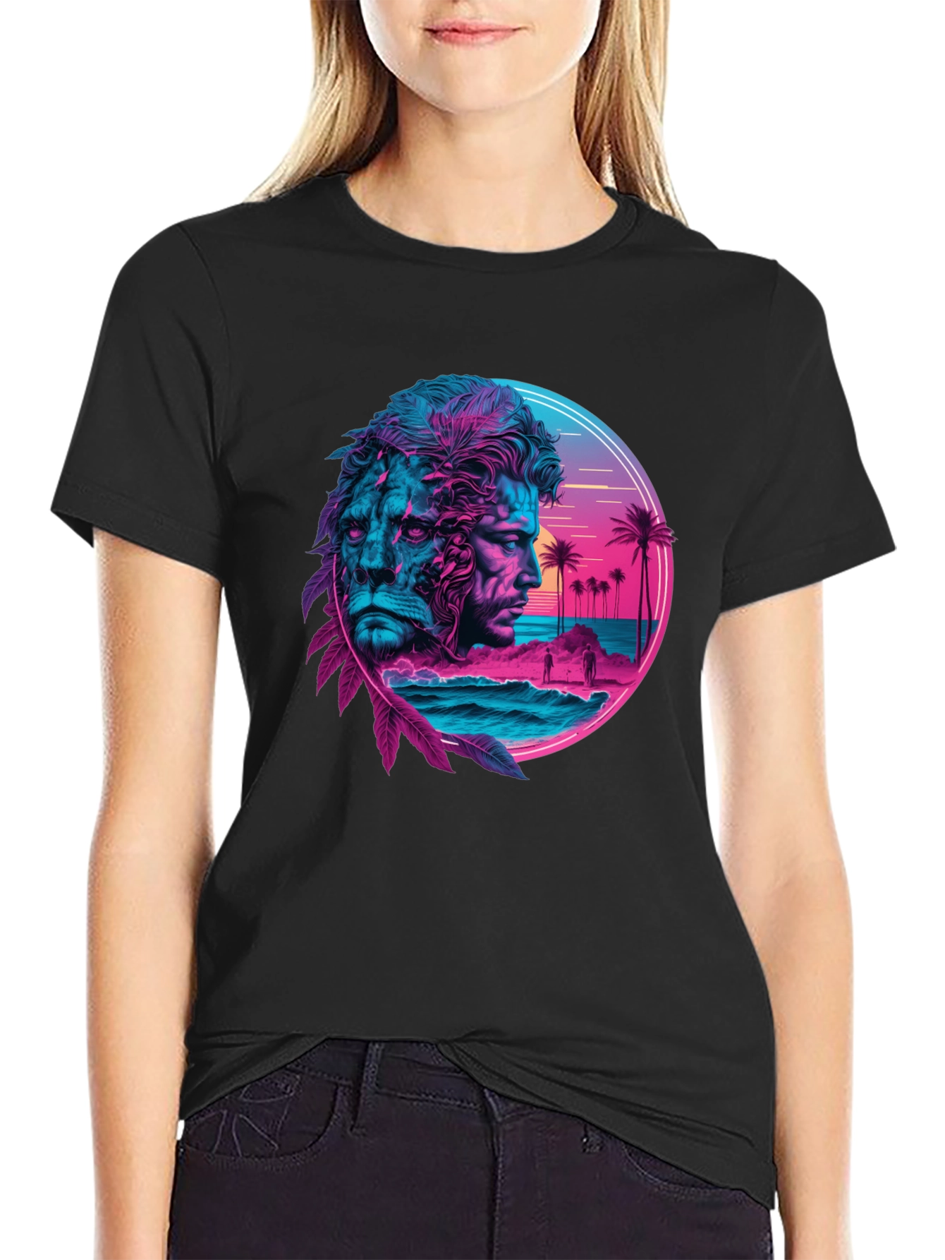 Neon Lion Man Graphic Black T-Shirt