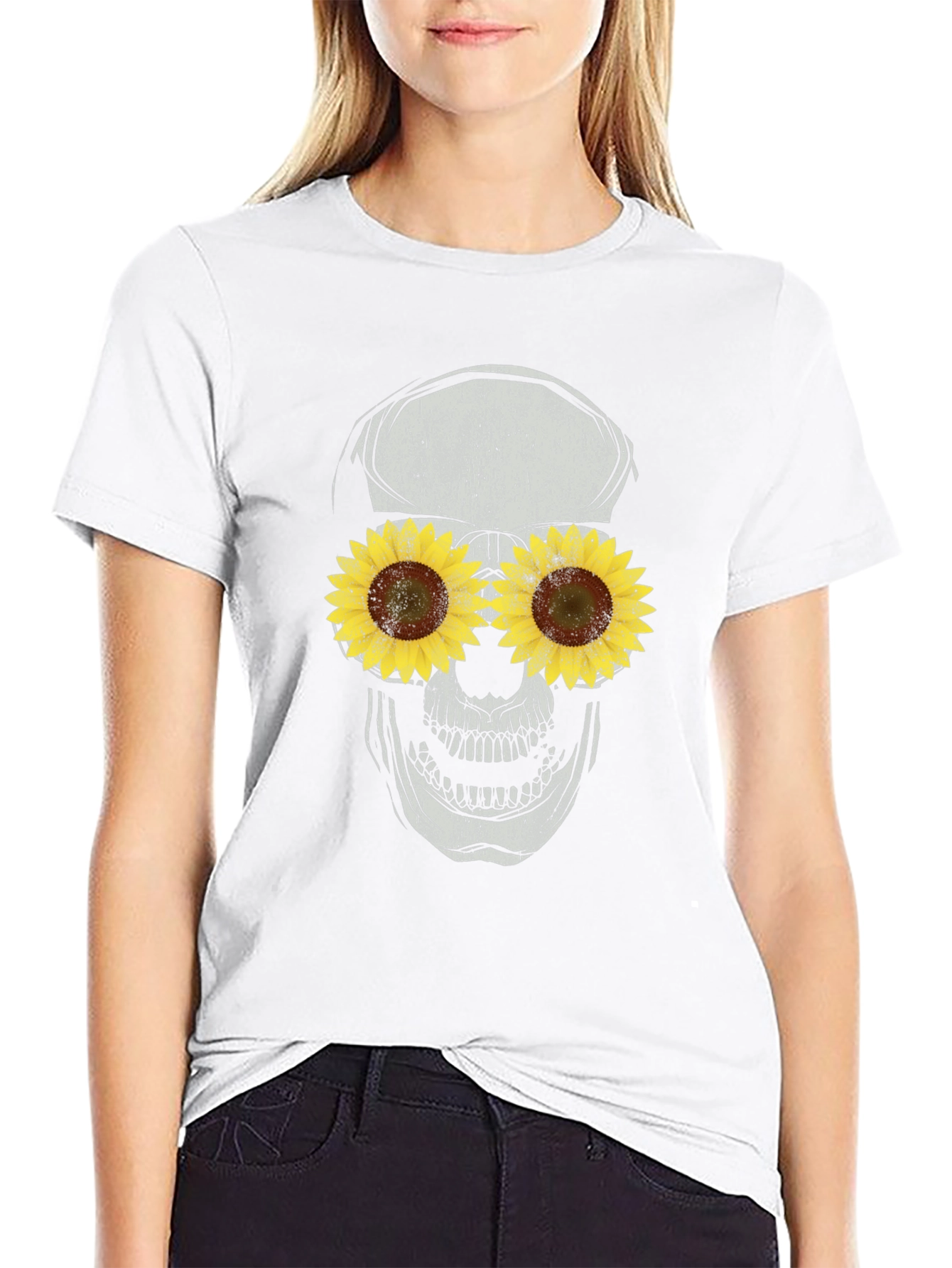 Sunflower Skull Graphic Tee - Black Cotton T-Shirt