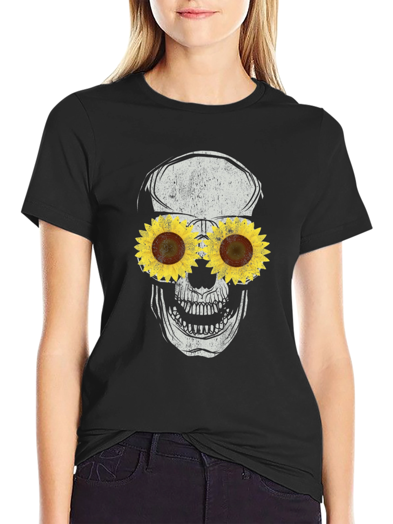 Sunflower Skull Graphic Tee - Black Cotton T-Shirt