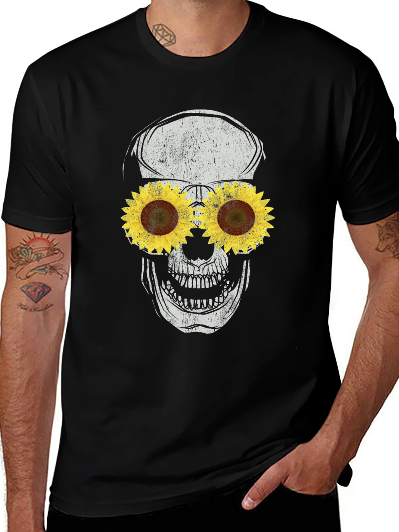 Sunflower Skull Graphic Tee - Black Cotton T-Shirt
