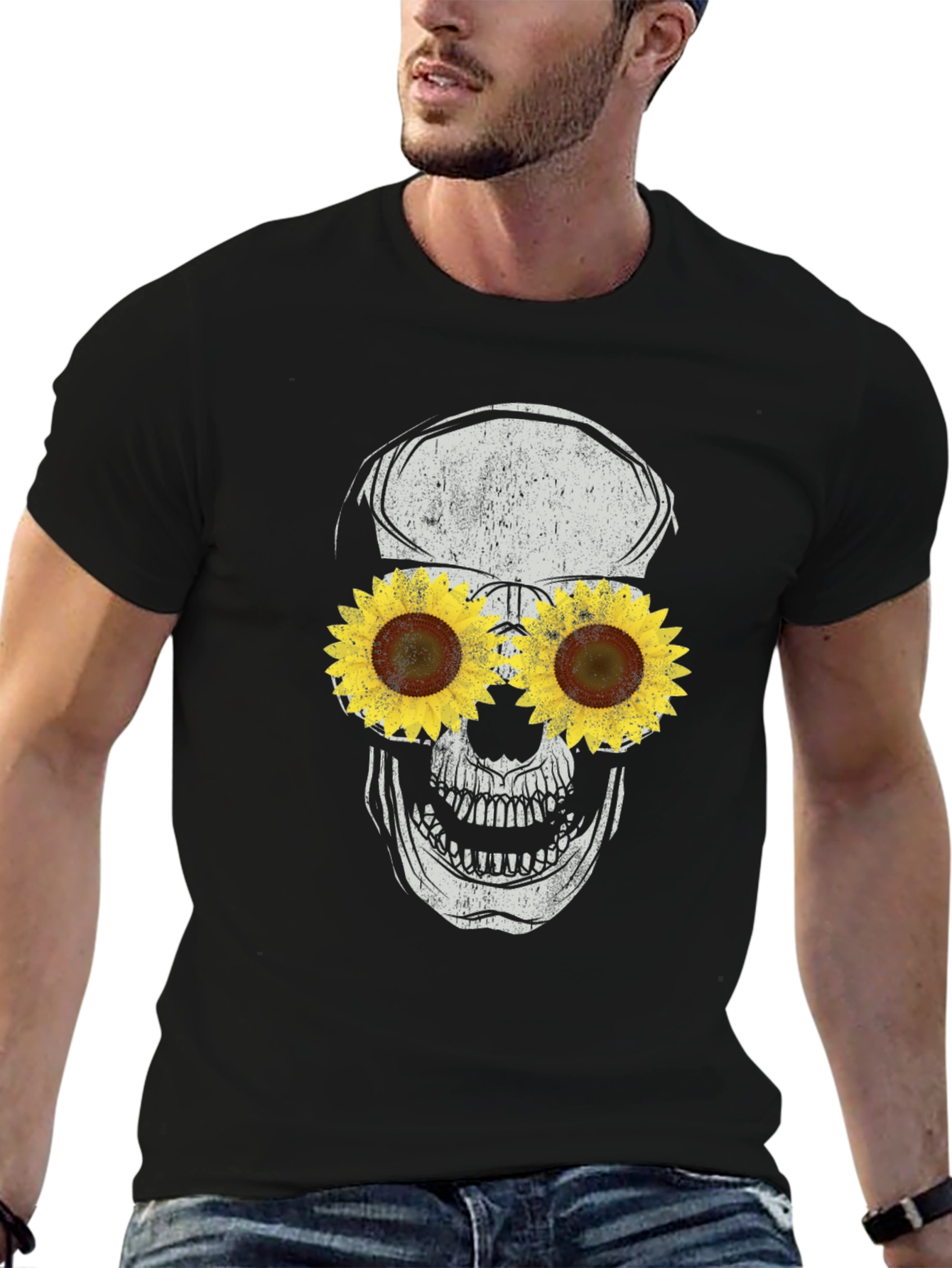 Sunflower Skull Graphic Tee - Black Cotton T-Shirt
