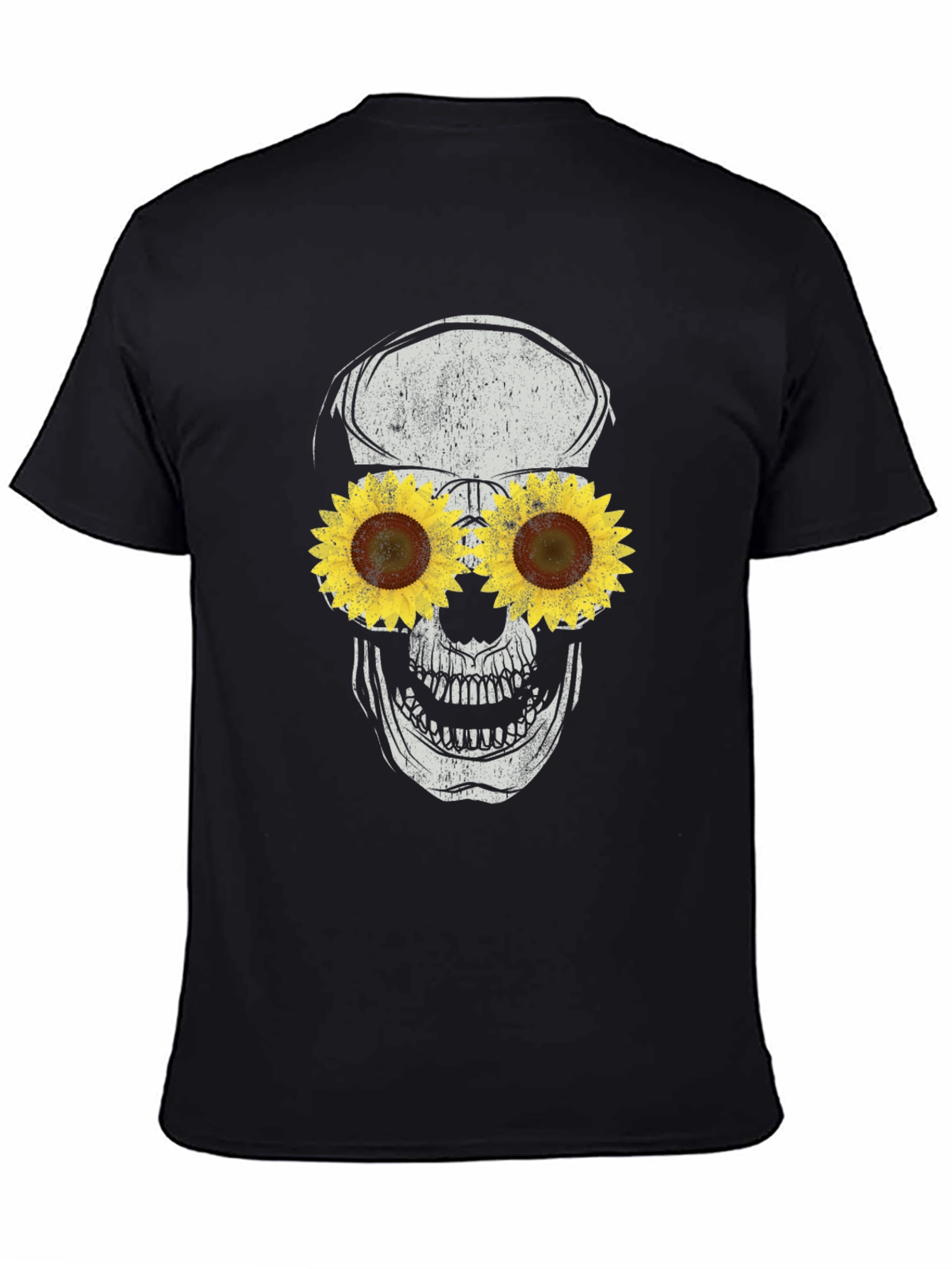 Sunflower Skull Graphic Tee - Black Cotton T-Shirt