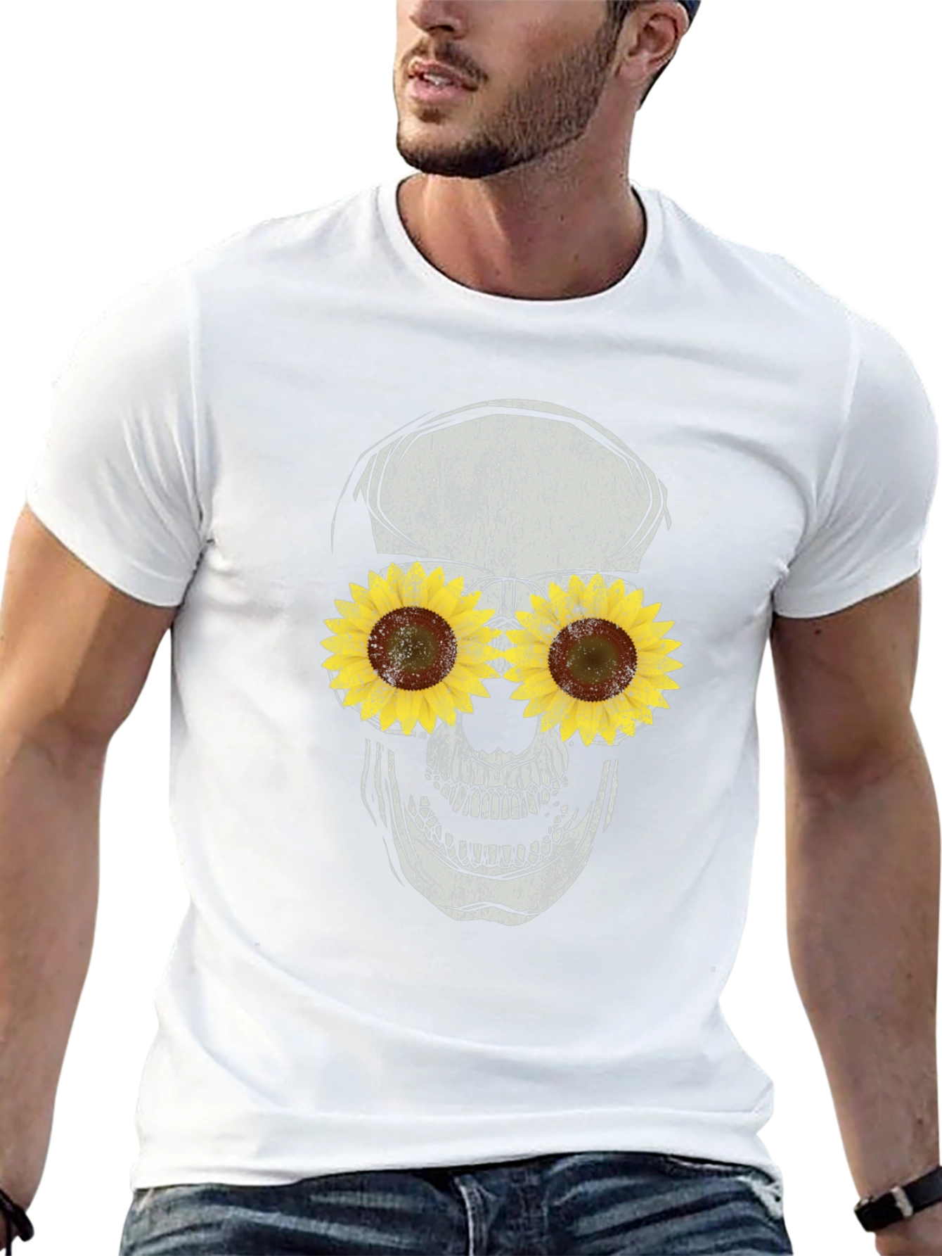 Sunflower Skull Graphic Tee - Black Cotton T-Shirt