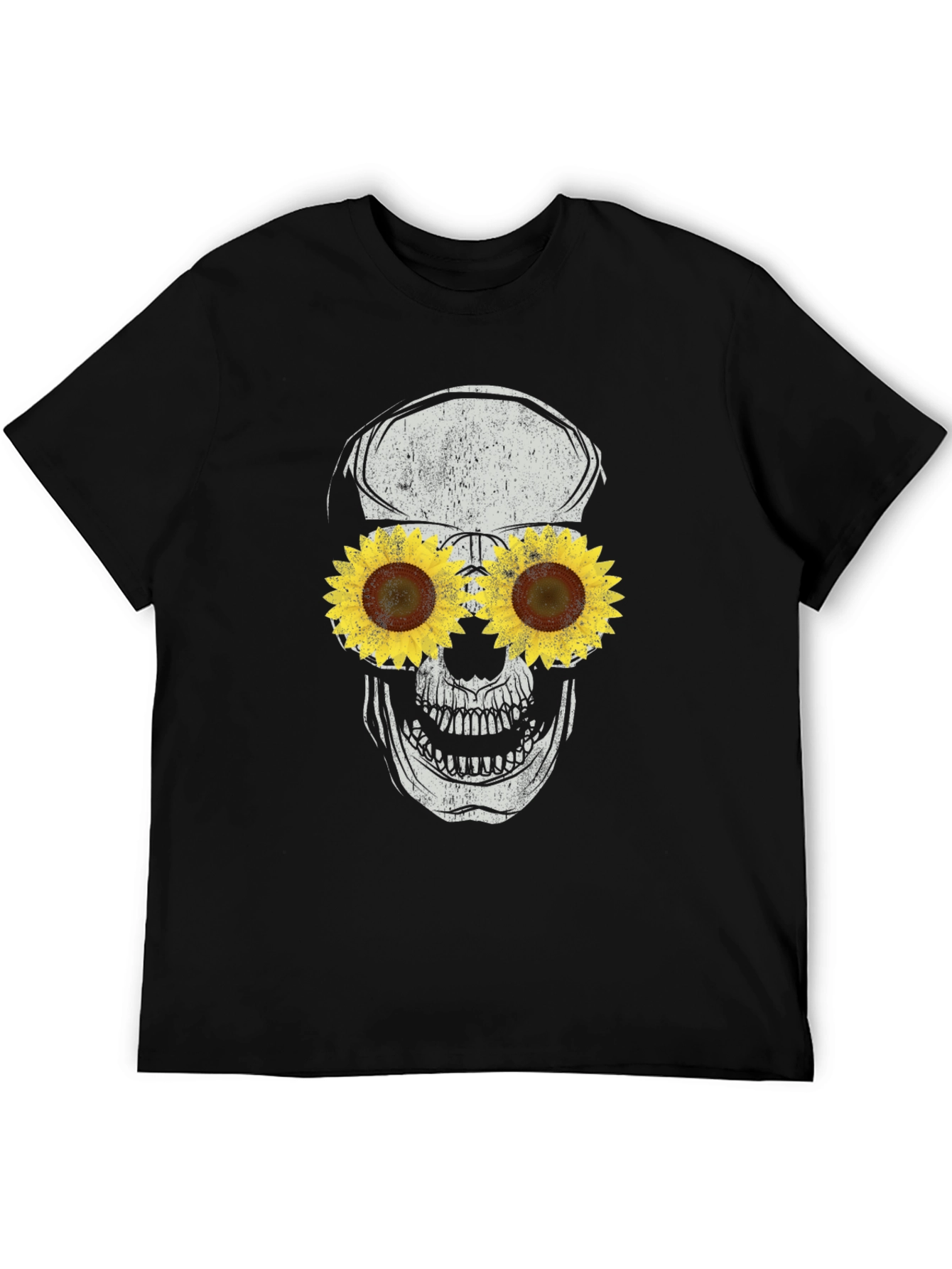 Sunflower Skull Graphic Tee - Black Cotton T-Shirt