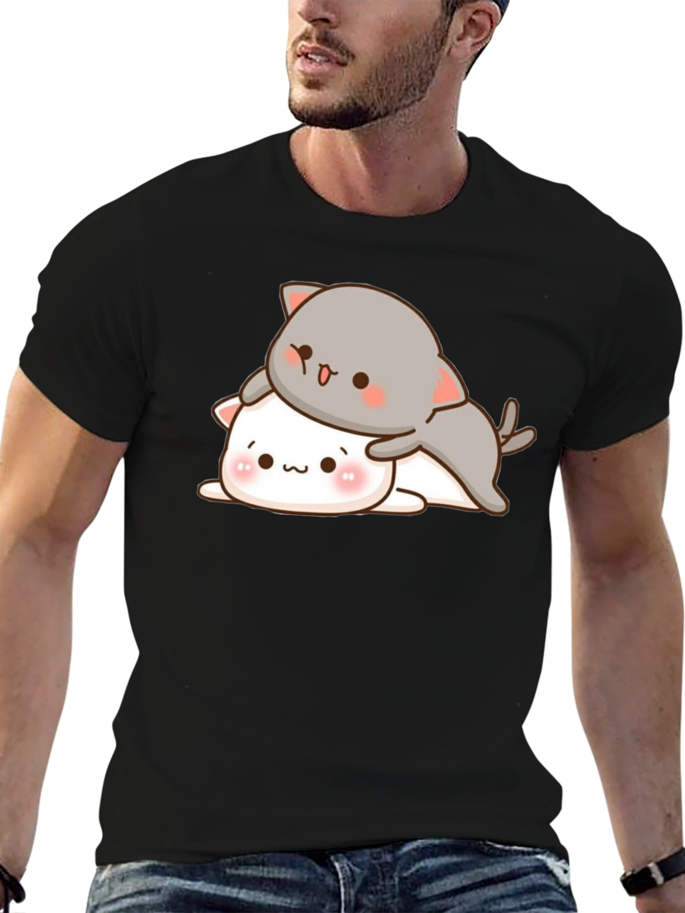Cute Cats Stacked Black T-Shirt