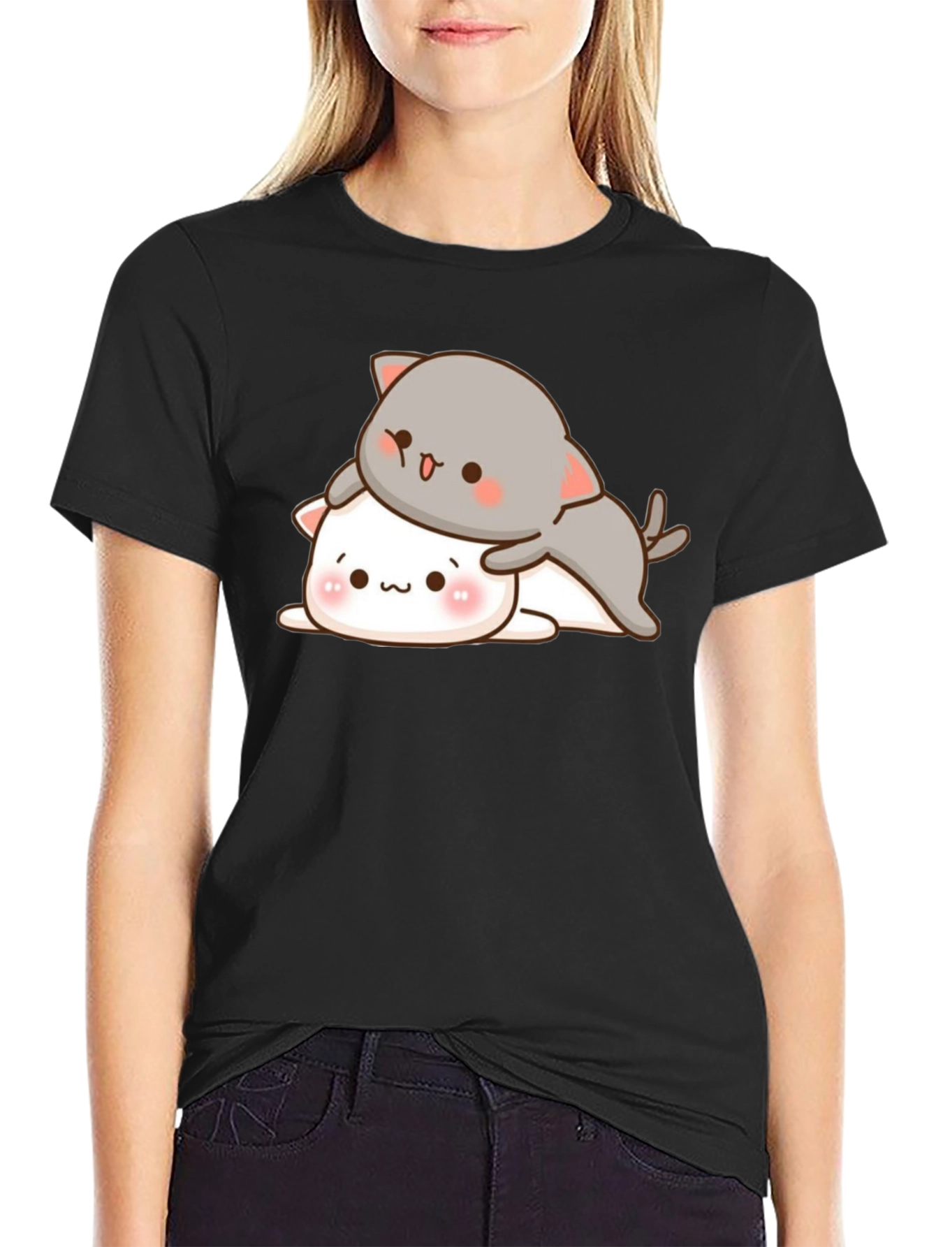 Cute Cats Stacked Black T-Shirt