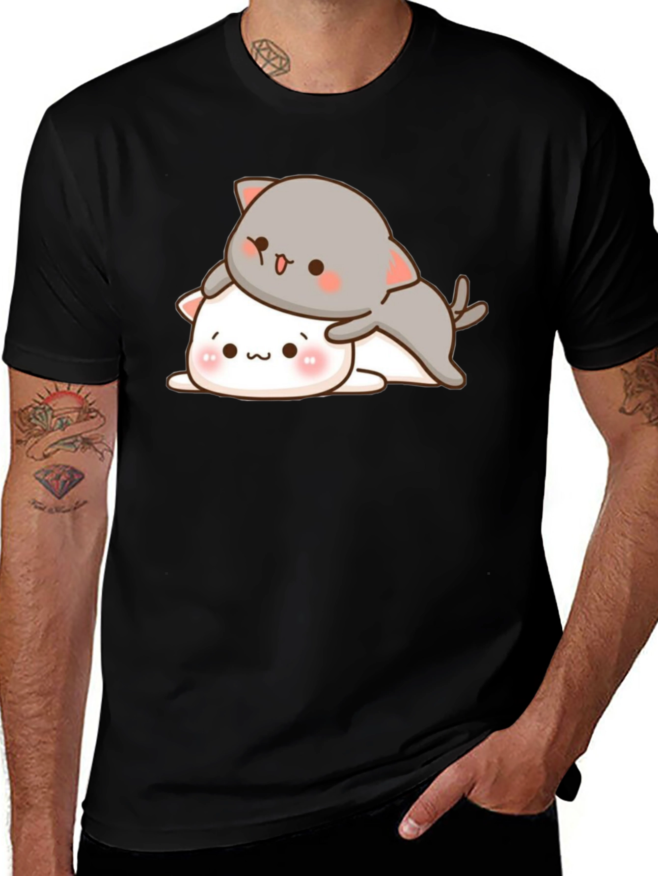 Cute Cats Stacked Black T-Shirt