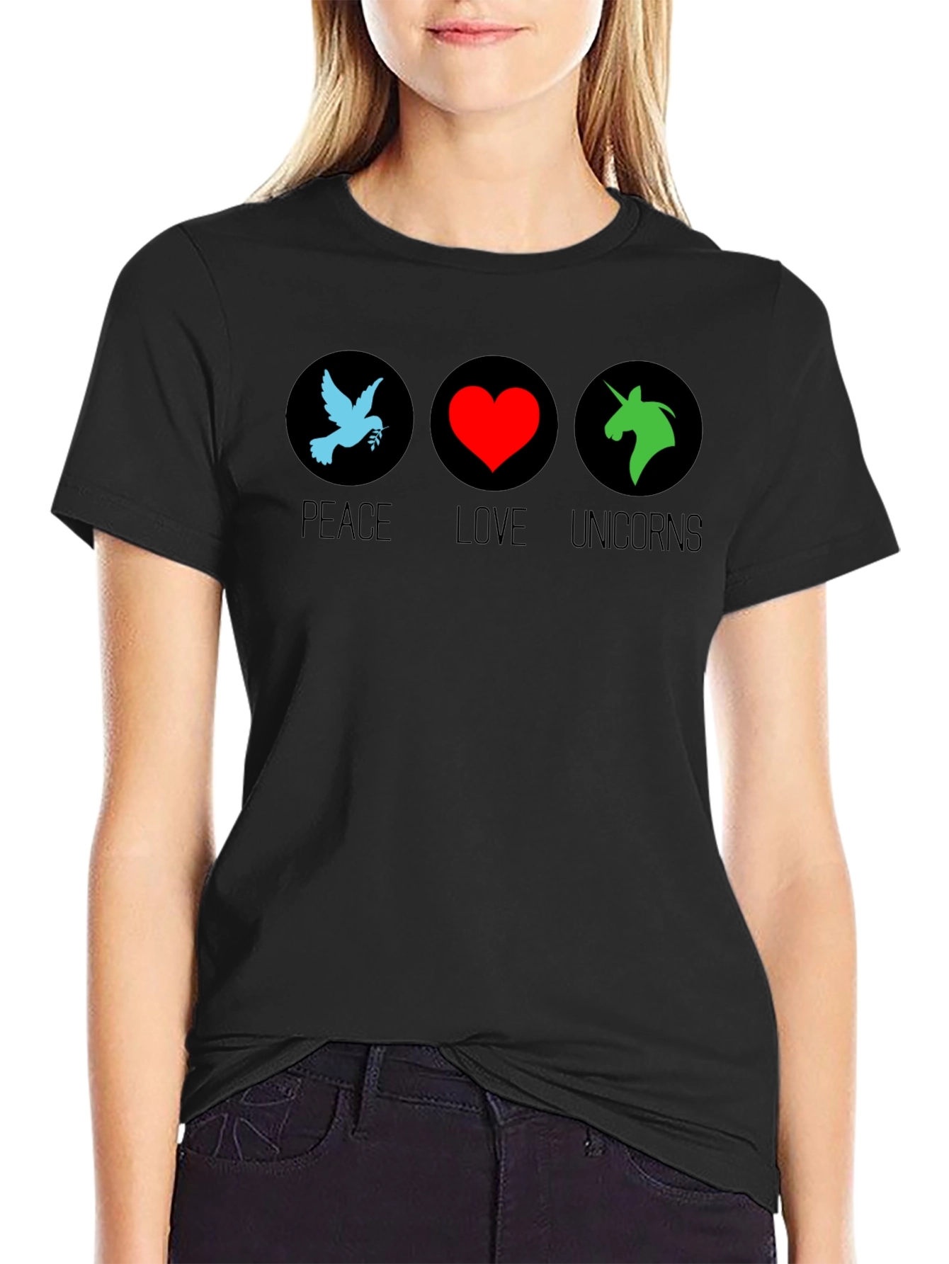 Peace Love Unicorns Black T-Shirt
