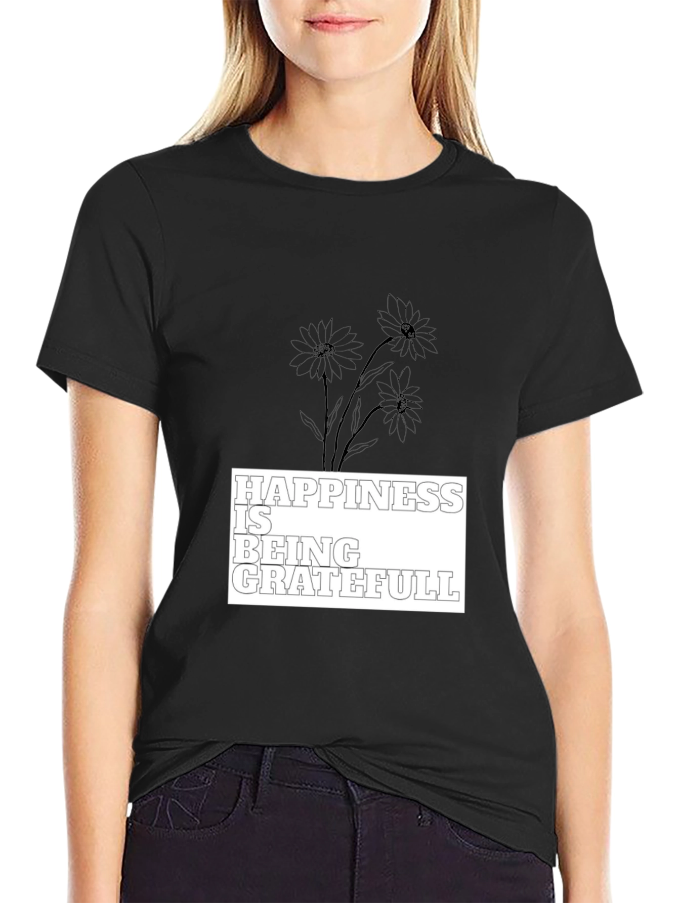 Happiness is Being Grateful Black Graphic Tee