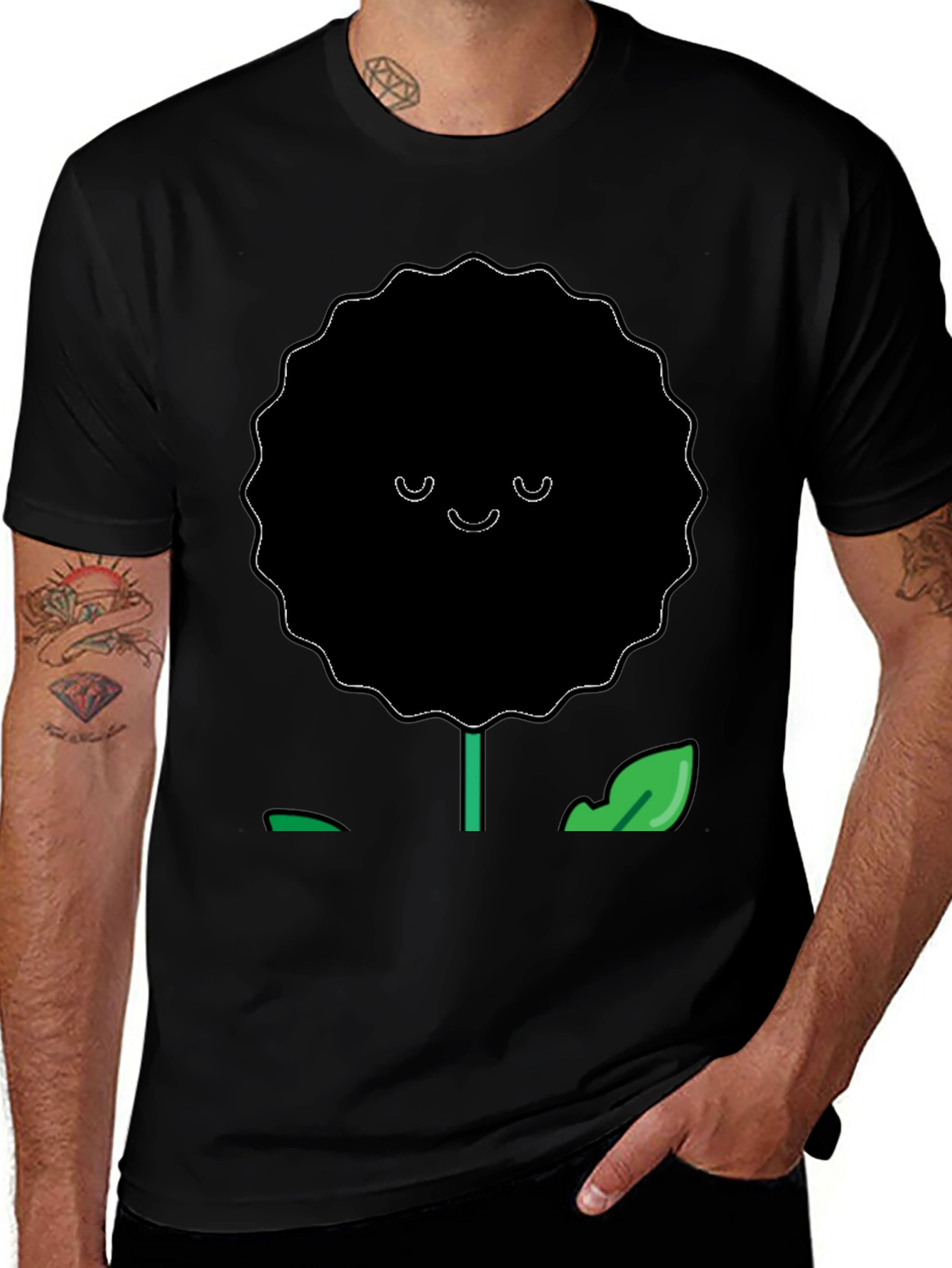 Smiling Flower Graphic T-Shirt - Casual Black Tee