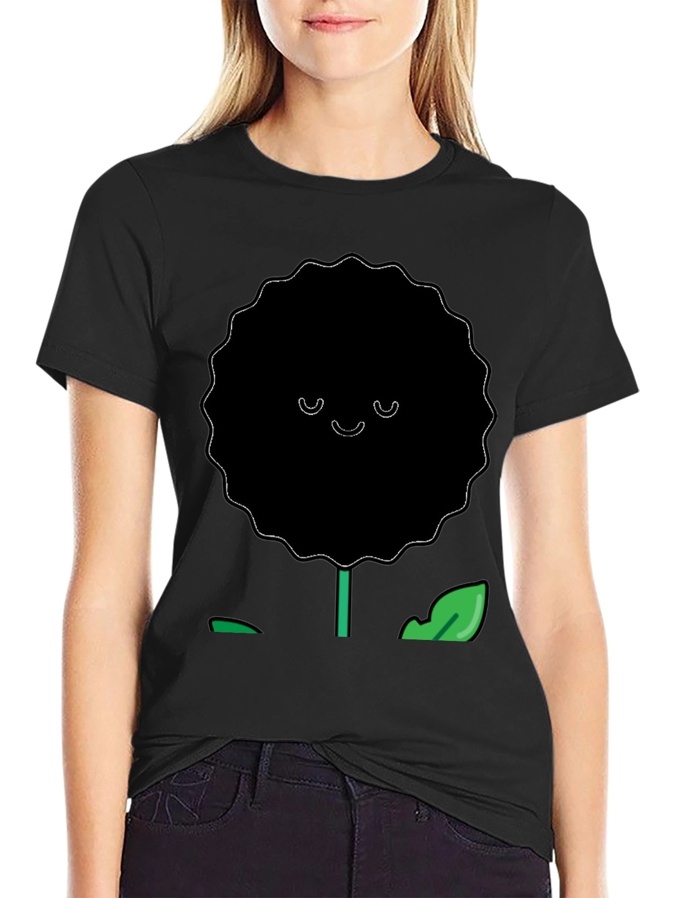 Smiling Flower Graphic T-Shirt - Casual Black Tee