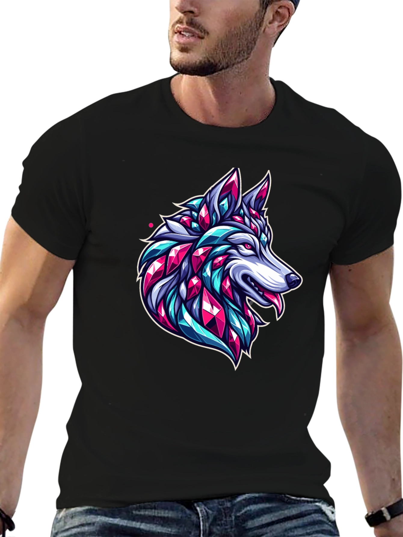 Geometric Wolf Graphic Black T-Shirt