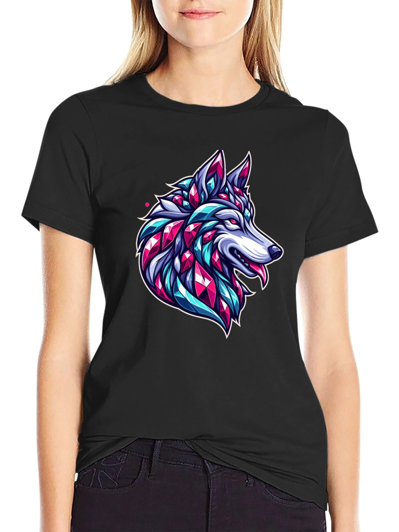Geometric Wolf Graphic Black T-Shirt