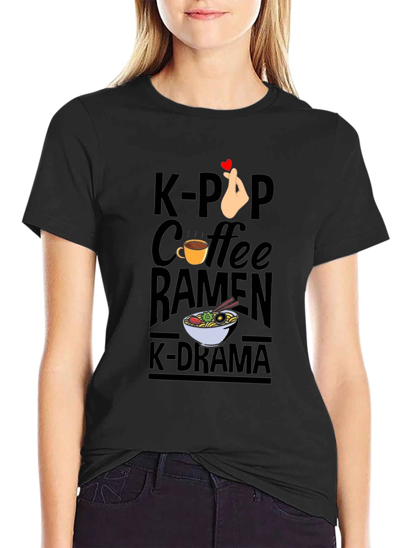 K-Pop Coffee Ramen K-Drama Black T-Shirt